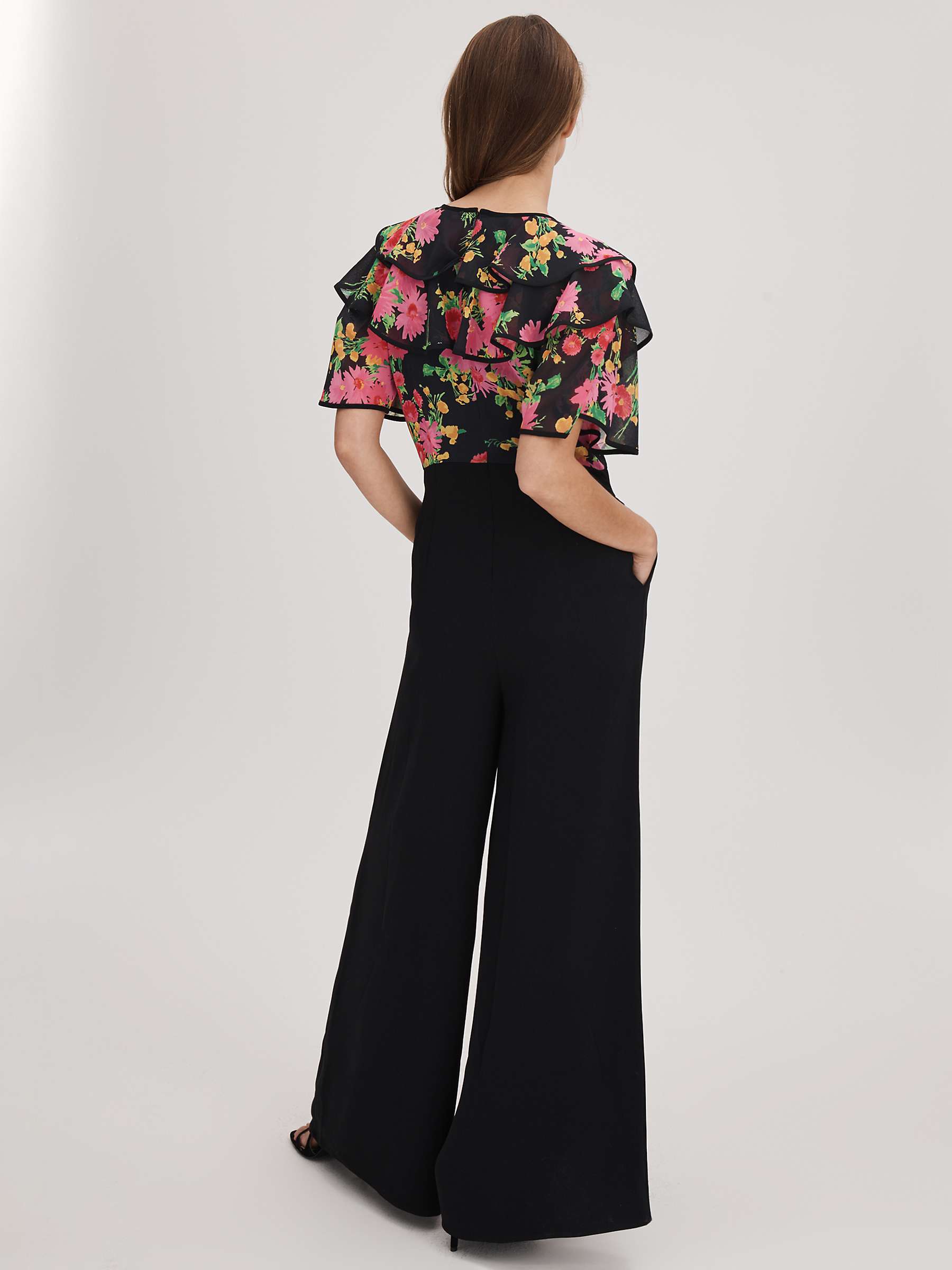 Buy FLORERE Floral Print Ruffle Sleeve Jumpsuit, Black/Multi Online at johnlewis.com