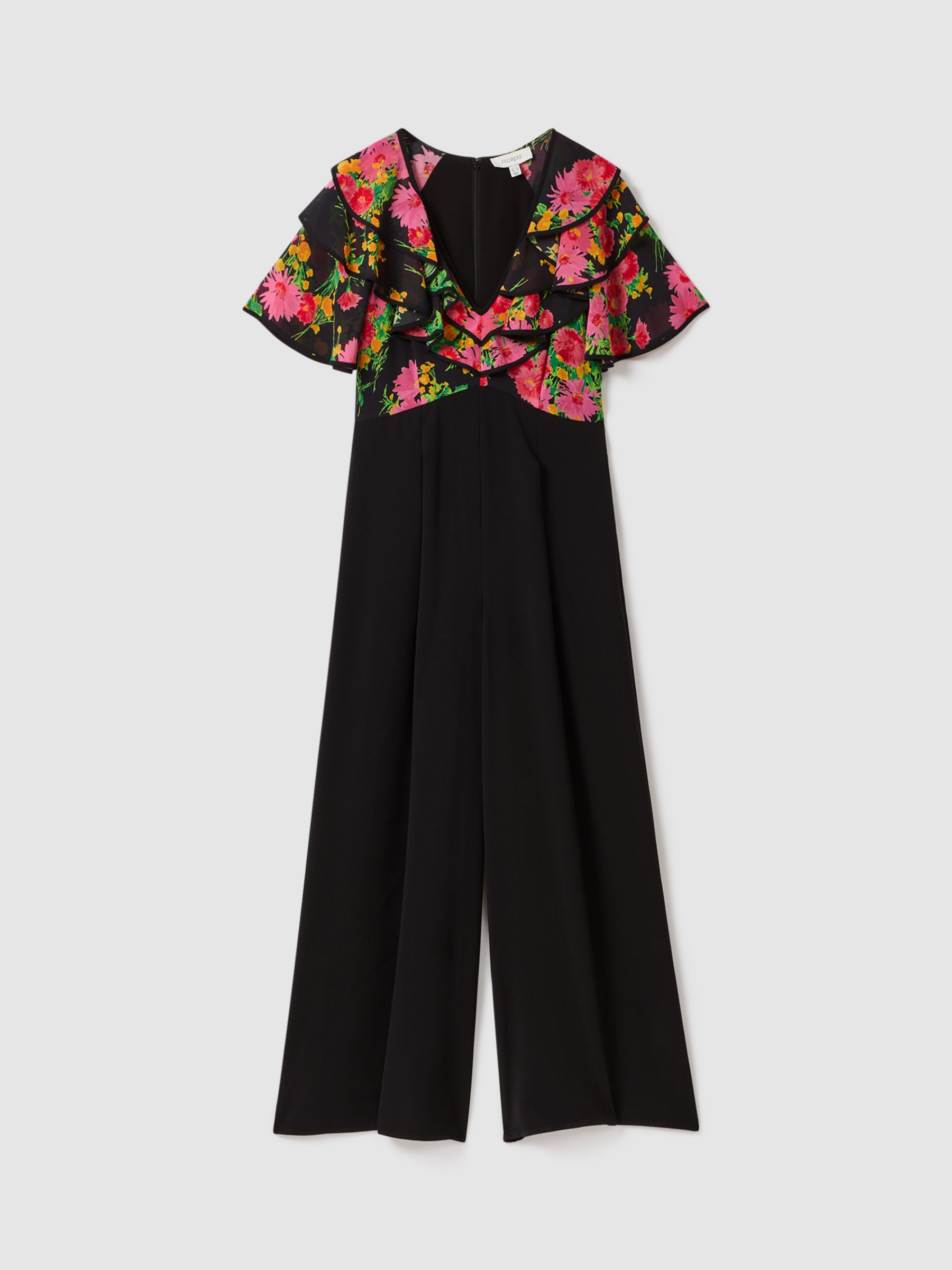 FLORERE Floral Print Ruffle Sleeve Jumpsuit, Black/Multi, 8
