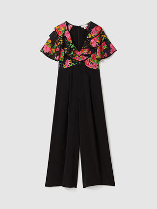 FLORERE Floral Print Ruffle Sleeve Jumpsuit, Black/Multi