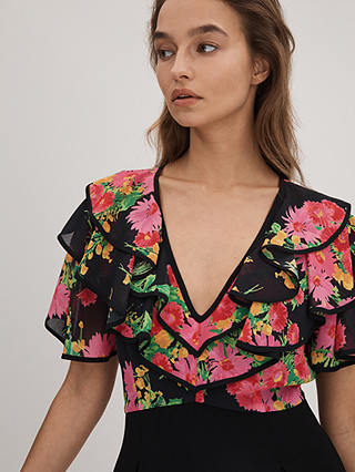 FLORERE Floral Print Ruffle Sleeve Jumpsuit, Black/Multi