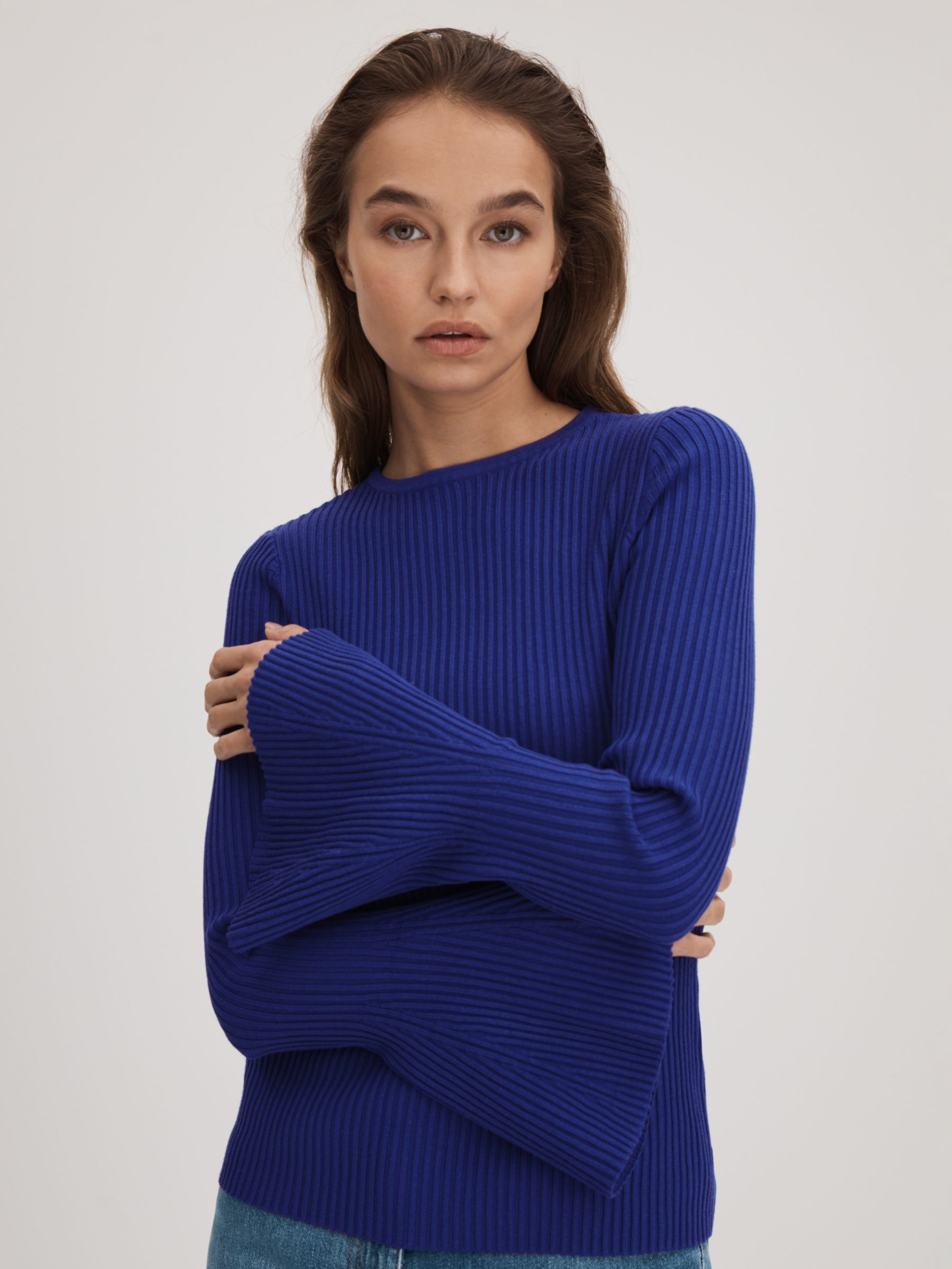 FLORERE Ribbed Fluted Cuff Jumper, Bright Blue, 8