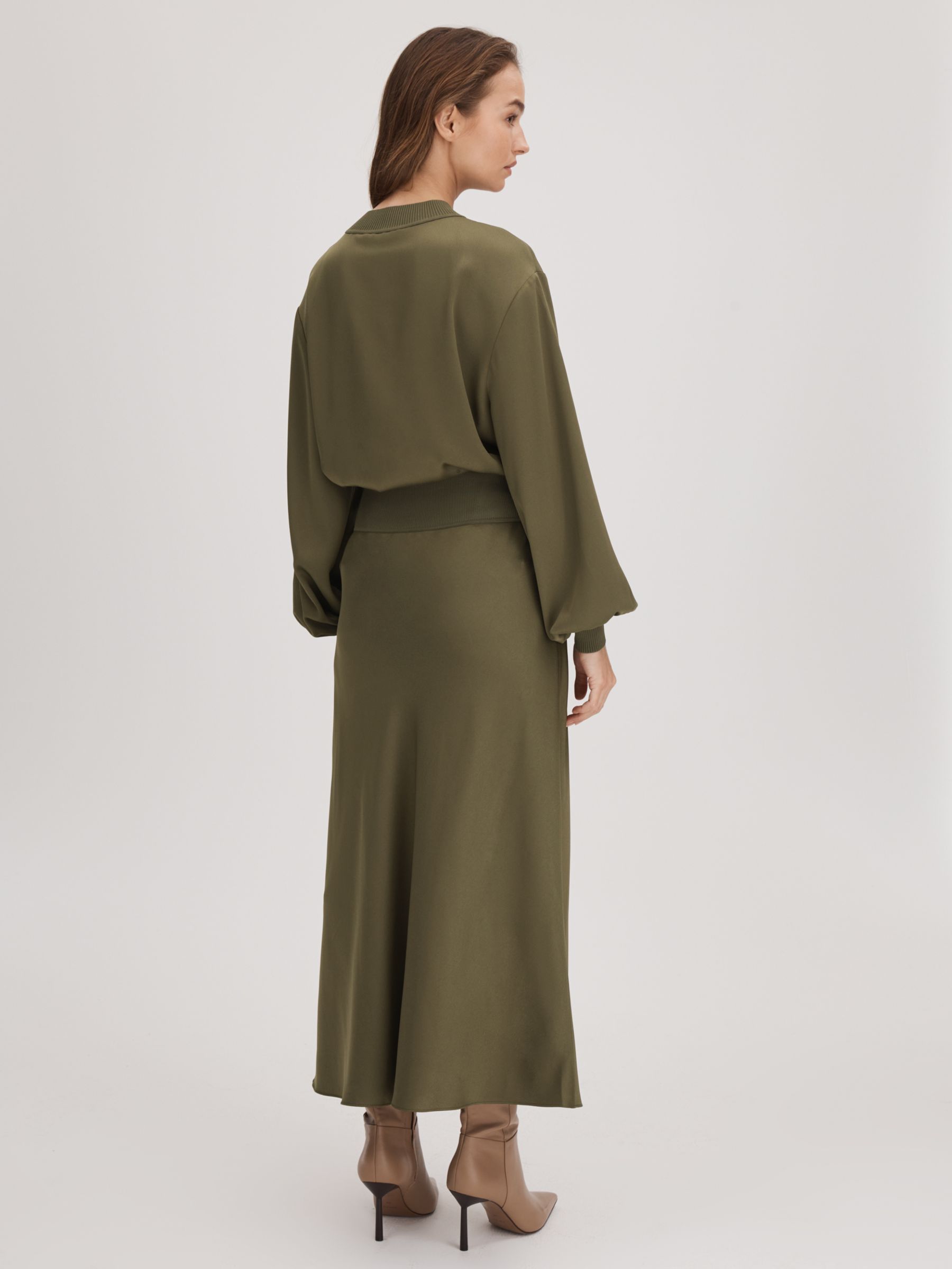 Buy FLORERE Ribbed Waist Satin Midi Skirt, Dark Khaki Online at johnlewis.com