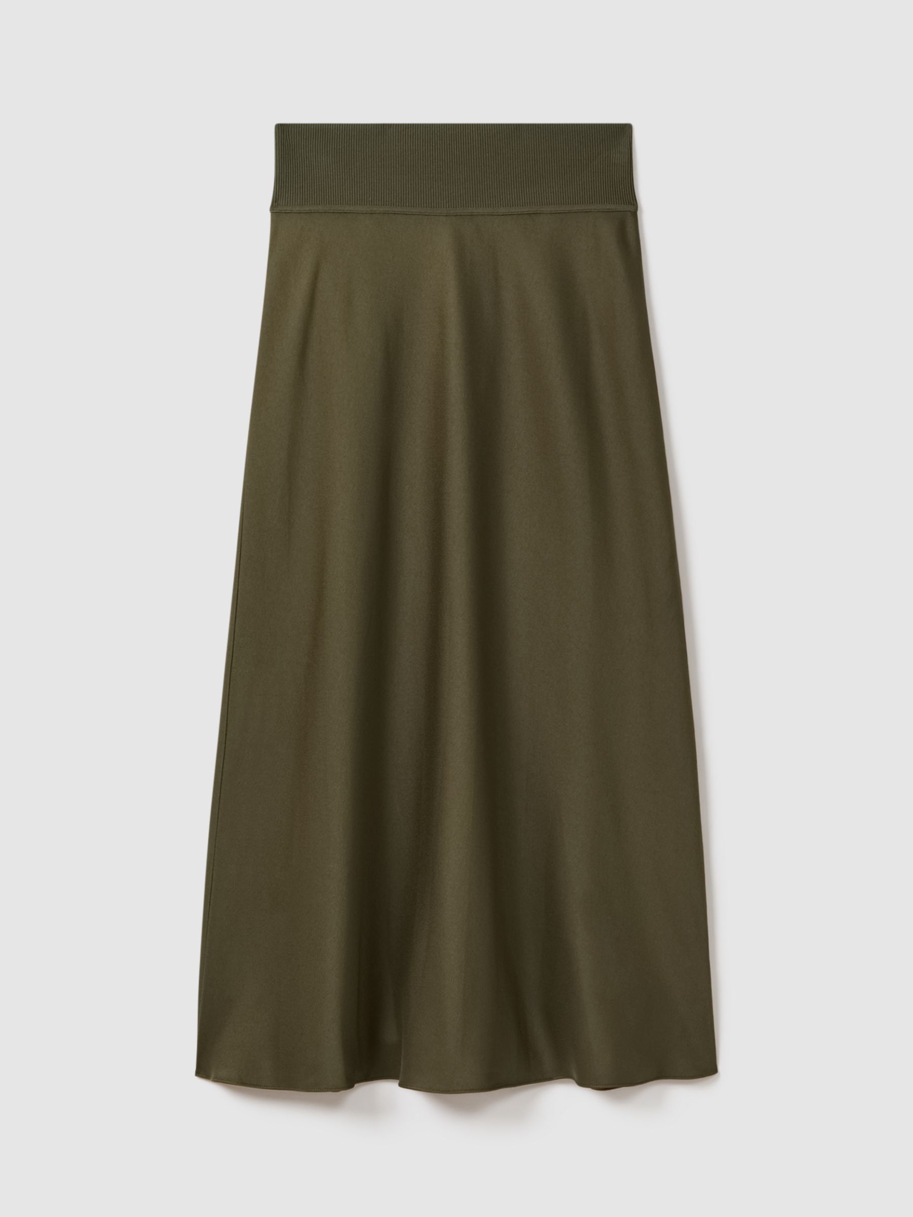 FLORERE Ribbed Waist Satin Midi Skirt, Dark Khaki, 8