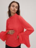 FLORERE High Neck Fluted Cuff Blouse, Deep Coral