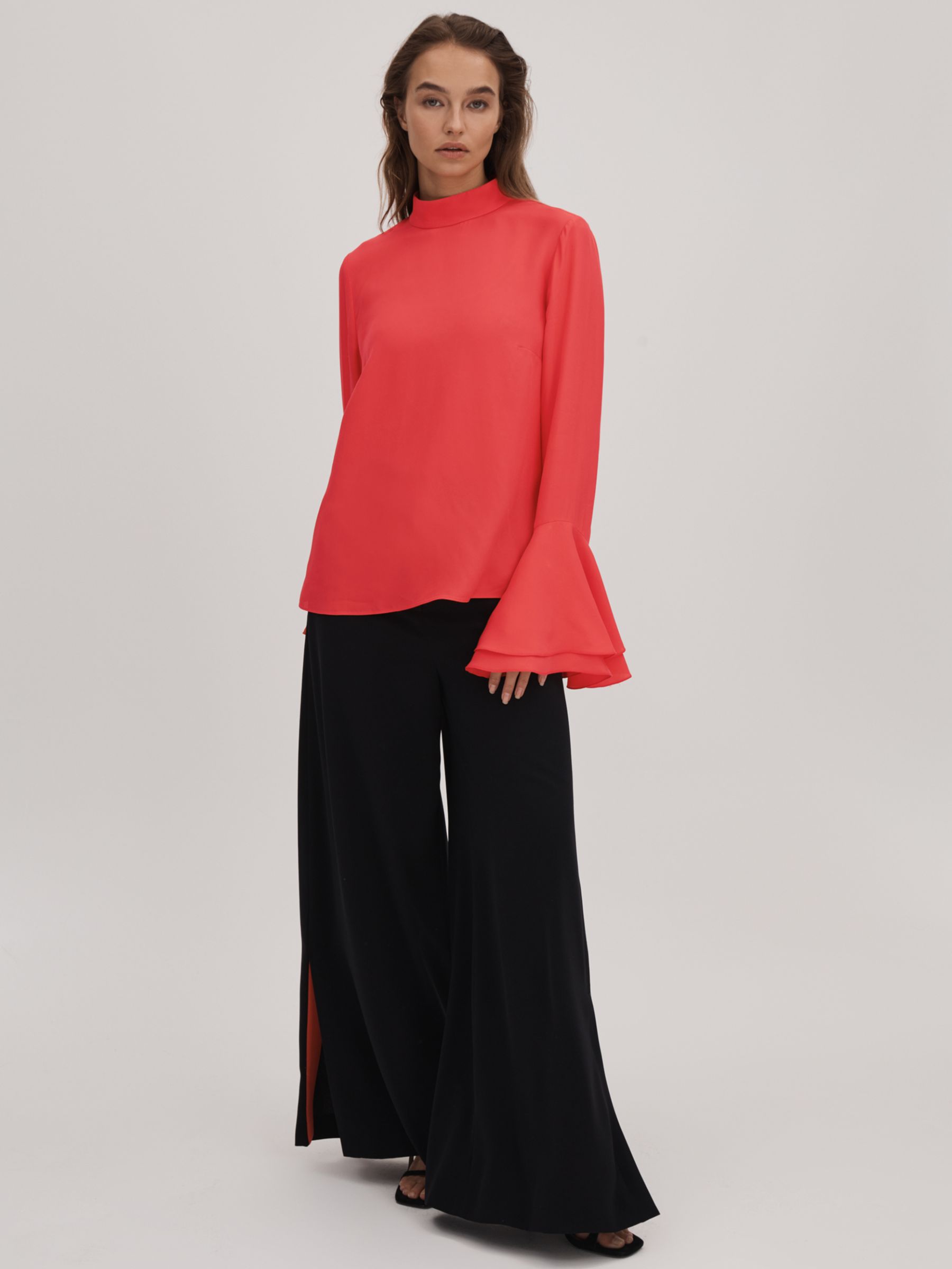 FLORERE High Neck Fluted Cuff Blouse, Deep Coral, 8