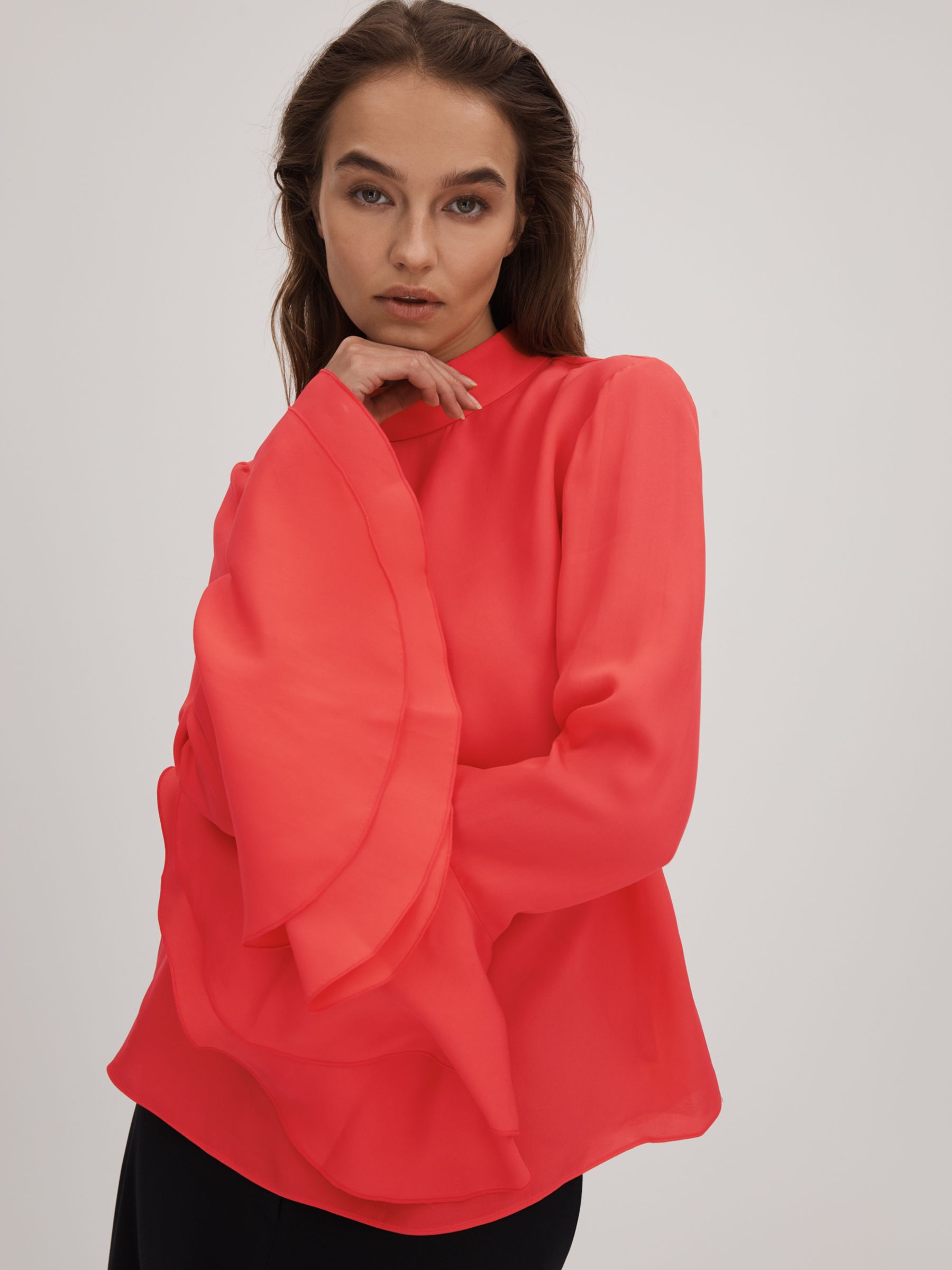 FLORERE High Neck Fluted Cuff Blouse, Deep Coral, 8