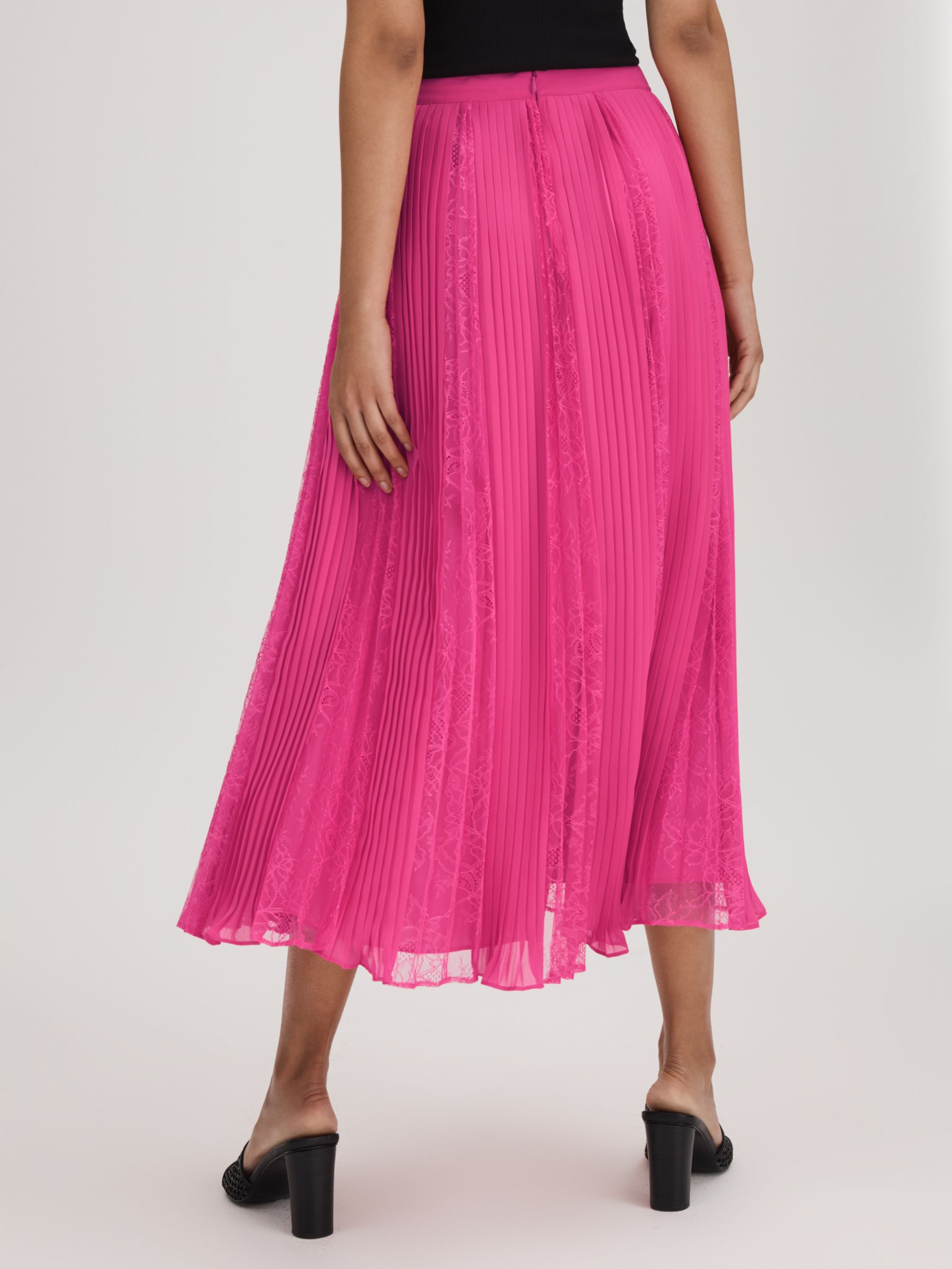 FLORERE Lace Insert Pleated Midi Skirt, Bright Pink, 12