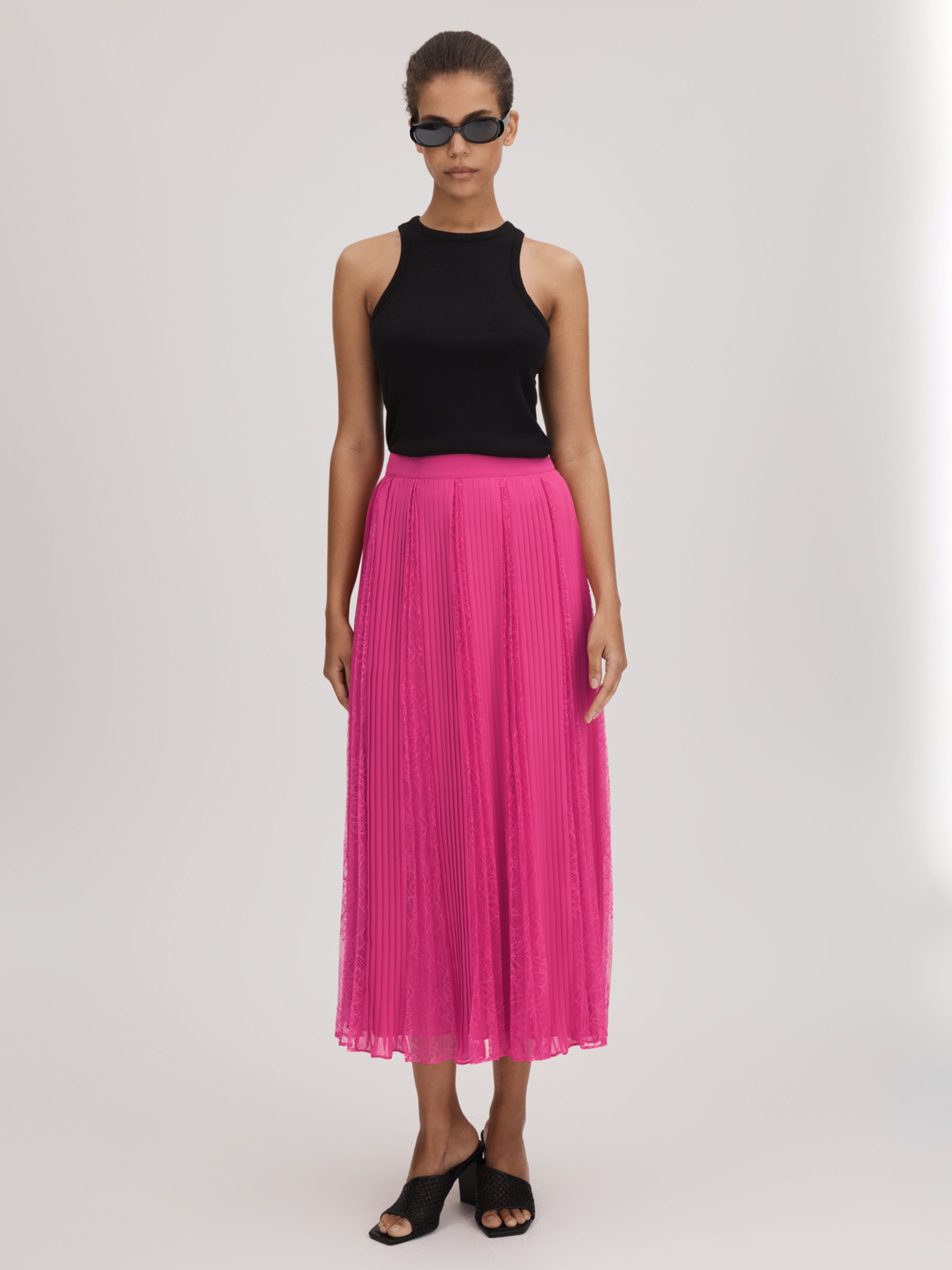 FLORERE Lace Insert Pleated Midi Skirt, Bright Pink, 12