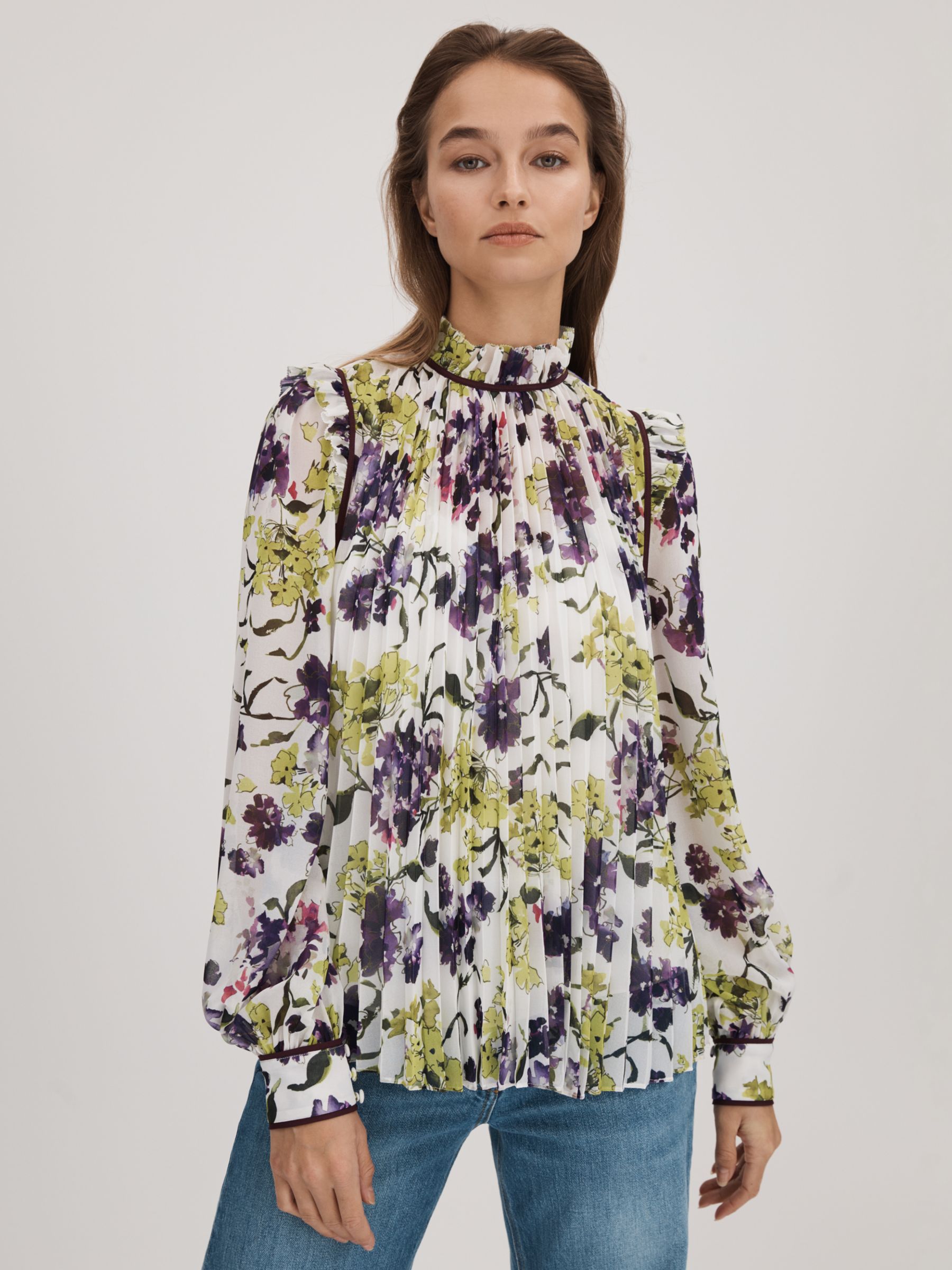 FLORERE Floral Print Pleated Blouse, Ivory/Multi at John Lewis & Partners