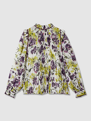 FLORERE Floral Print Pleated Blouse, Ivory/Multi