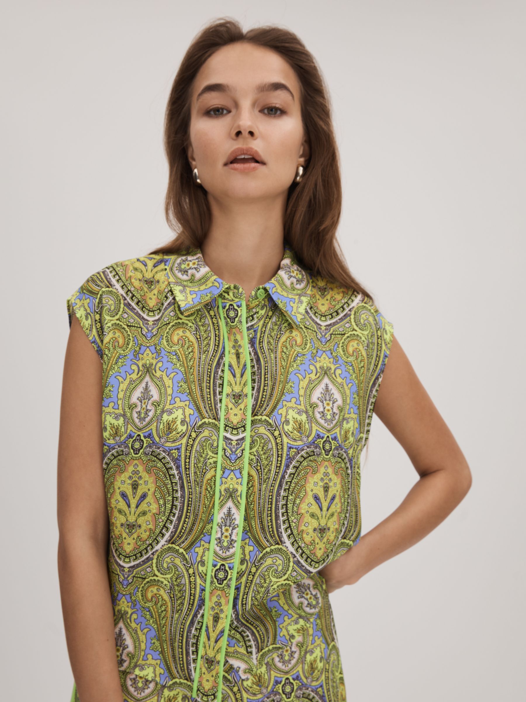 FLORERE Cap Sleeve Paisley Print Shirt, Lime Green/Multi, 10