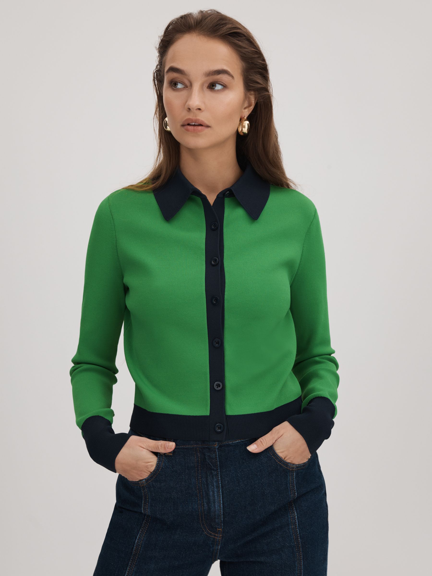FLORERE Fitted Contrast Trim Cardigan, Bright Green/Navy, 10
