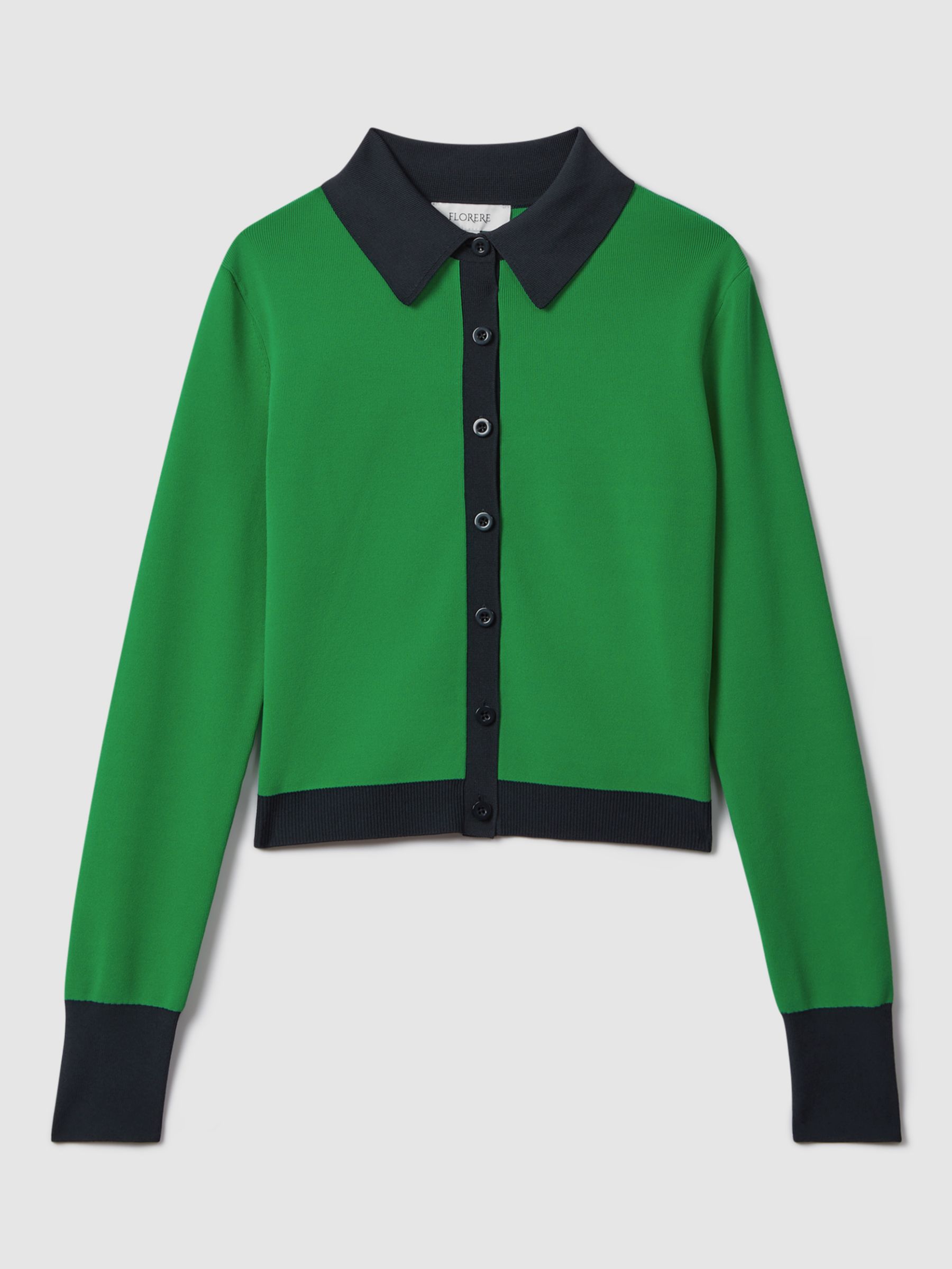 FLORERE Fitted Contrast Trim Cardigan, Bright Green/Navy, 10