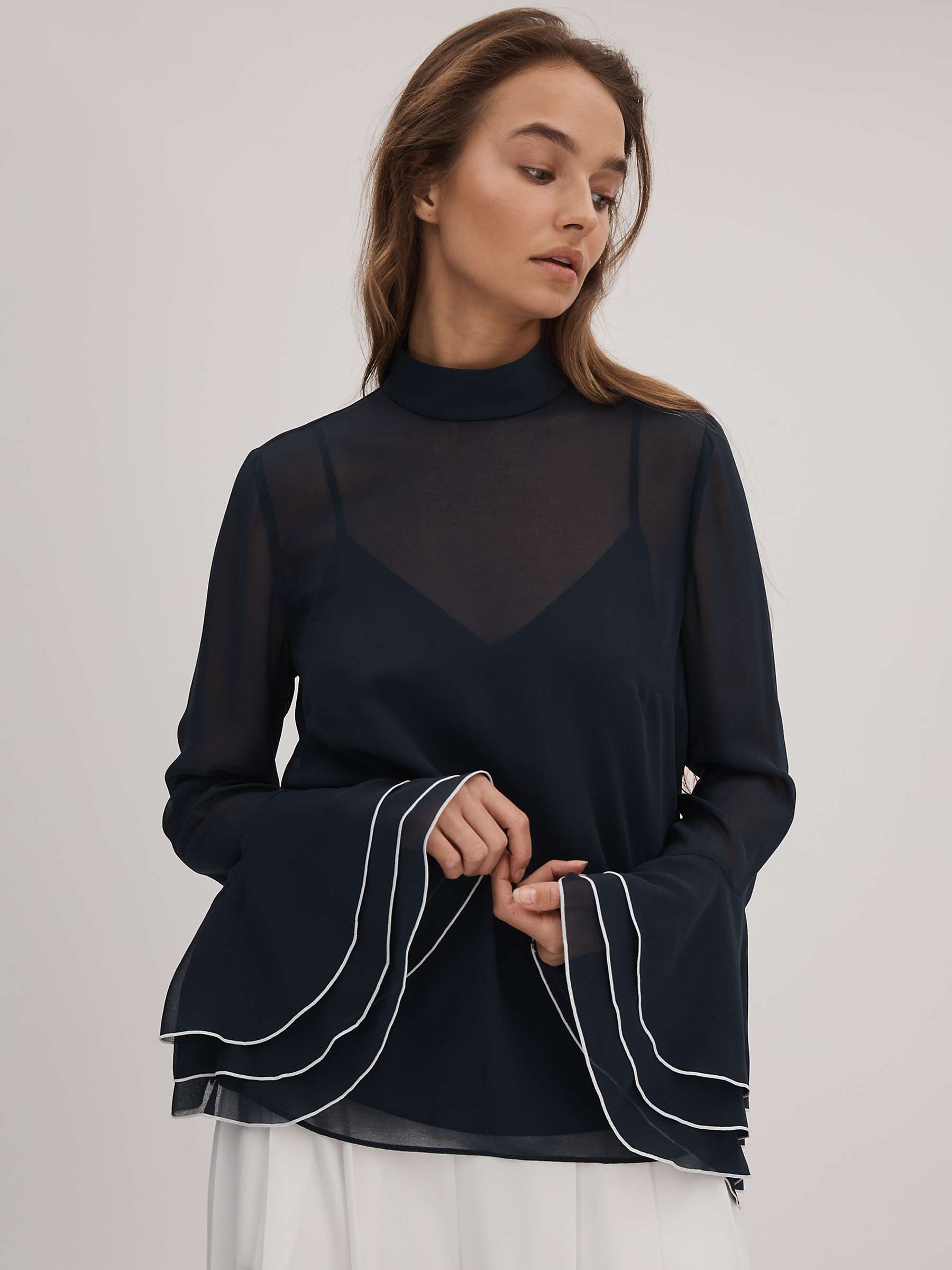 Buy FLORERE High Neck Contrast Trim Fluted Cuff Blouse, Navy Online at johnlewis.com