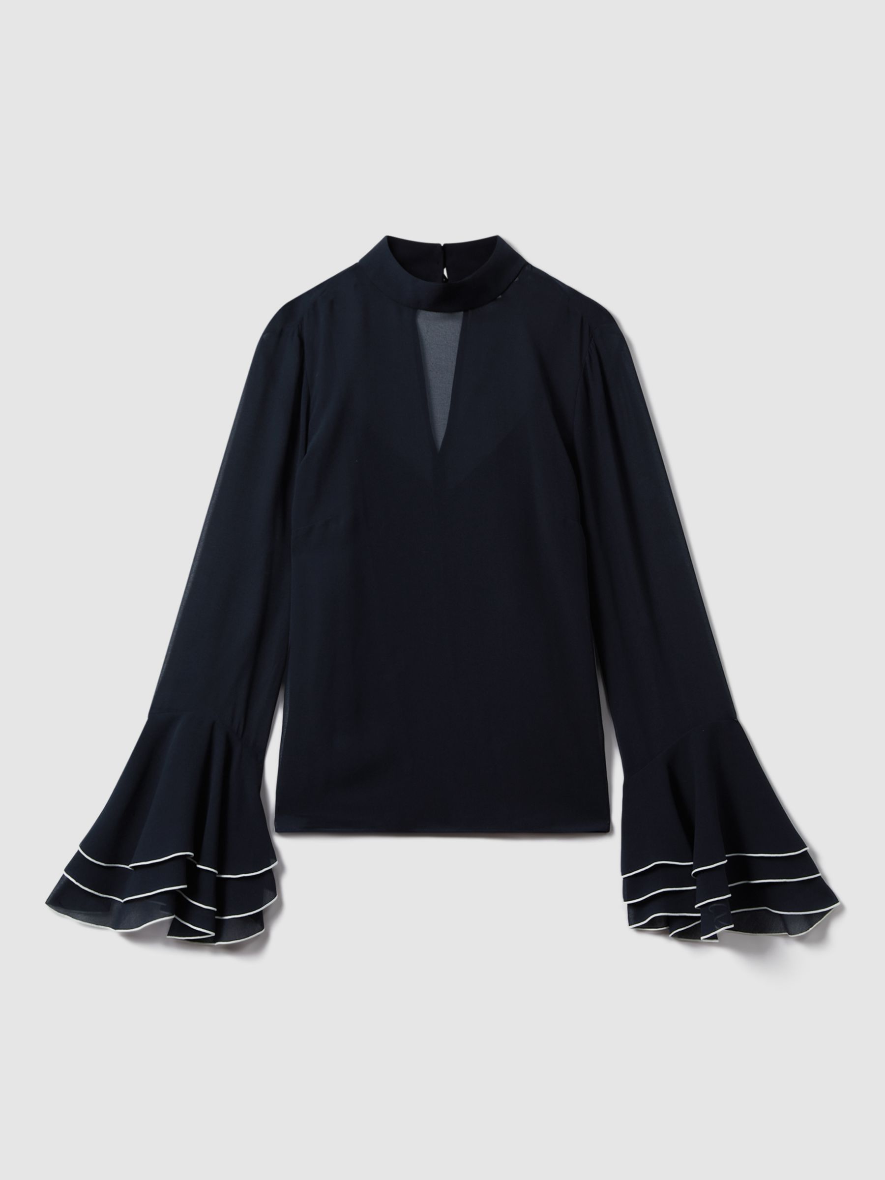 Buy FLORERE High Neck Contrast Trim Fluted Cuff Blouse, Navy Online at johnlewis.com