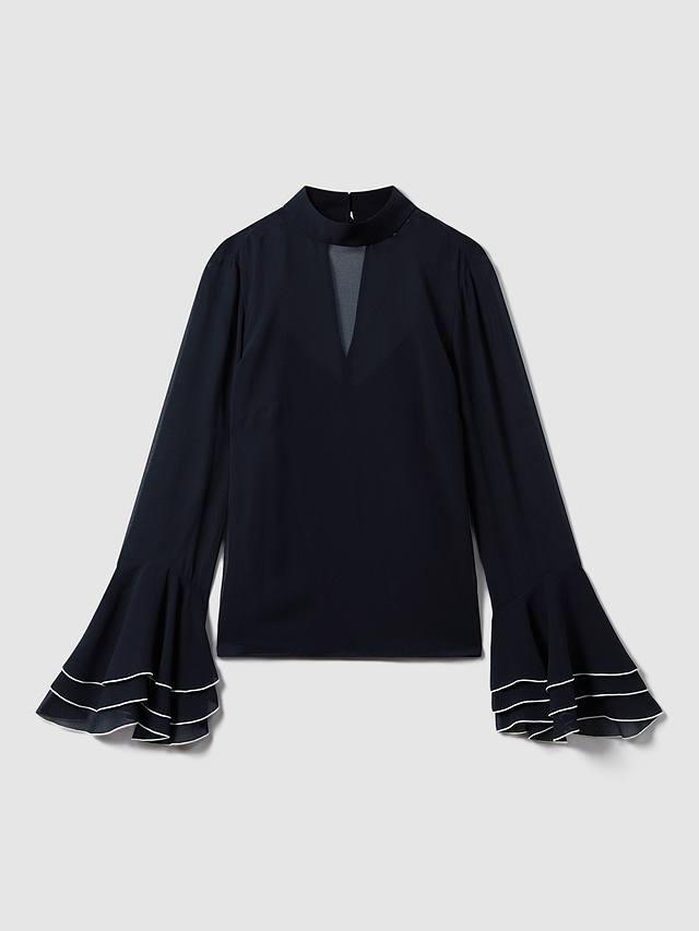 FLORERE High Neck Contrast Trim Fluted Cuff Blouse, Navy