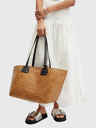 AllSaints Mosley Straw Tote Bag, Almond Beige