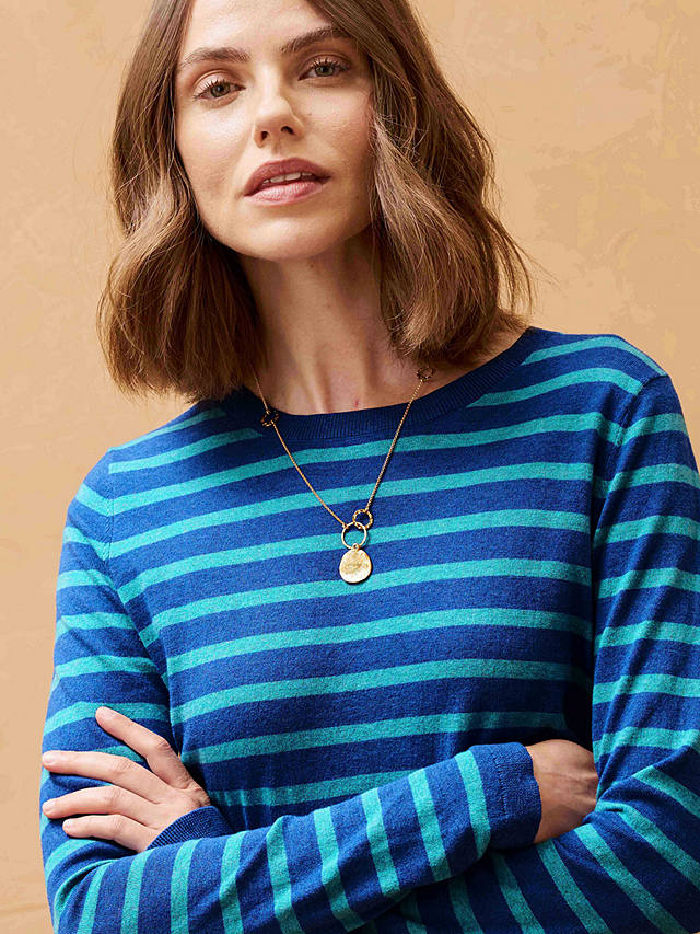 Brora Cotton Knit Stripe Long Sleeve T-Shirt, Lapis/Aquamarine