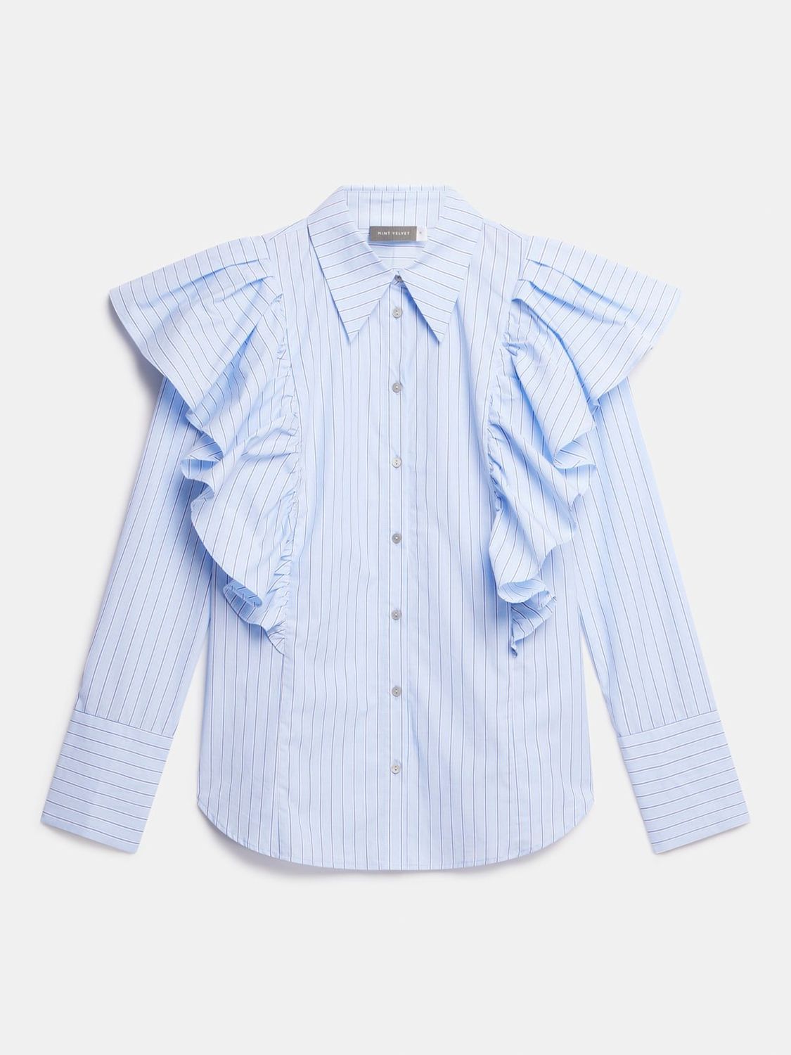 Mint Velvet Striped Ruffle Cotton Shirt, Blue, XS