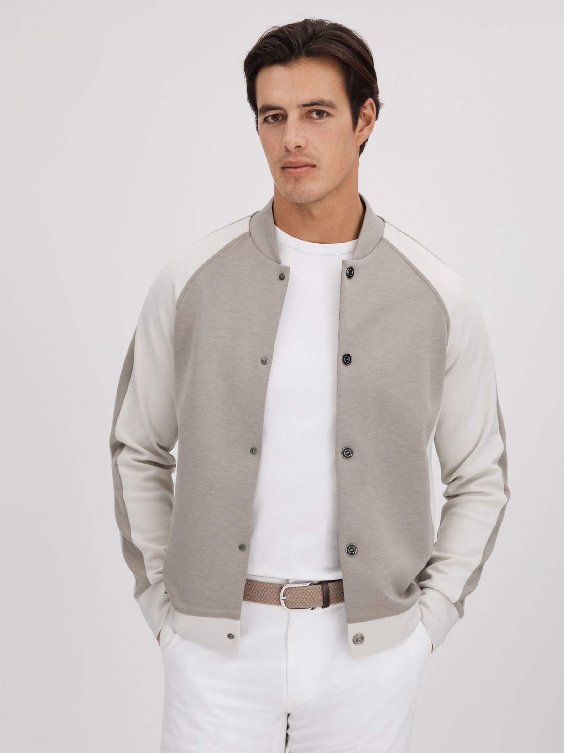 Reiss Pelham Long Sleeve Colour Block Jacket, Taupe/White, XL