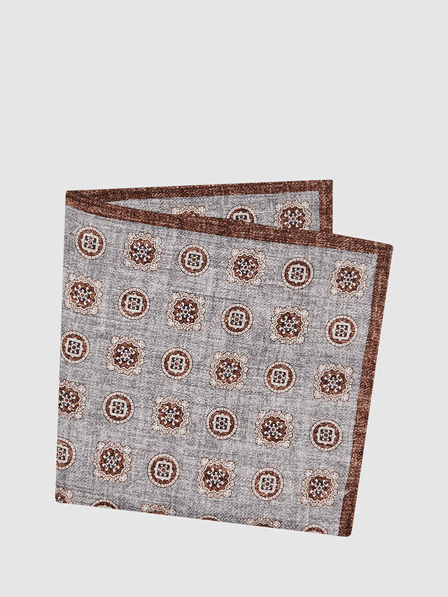 Reiss Tindari Medallion Print Reversible Silk Handkerchief, Grey Melange
