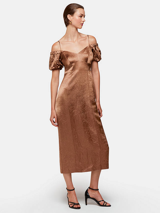Whistles Faye Satin Bardot Midi Dress, Bronze