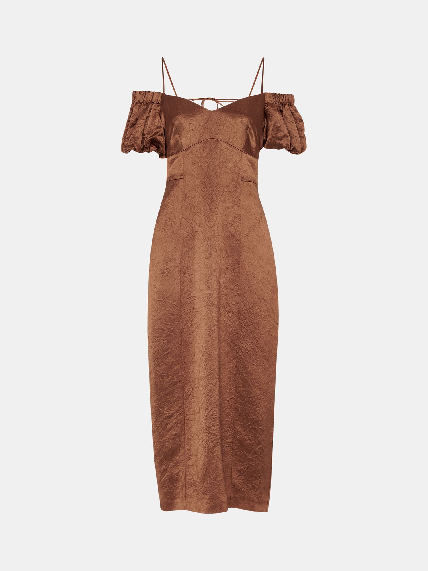 Whistles Faye Satin Bardot Midi Dress, Bronze, 10