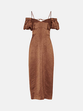 Whistles Faye Satin Bardot Midi Dress, Bronze