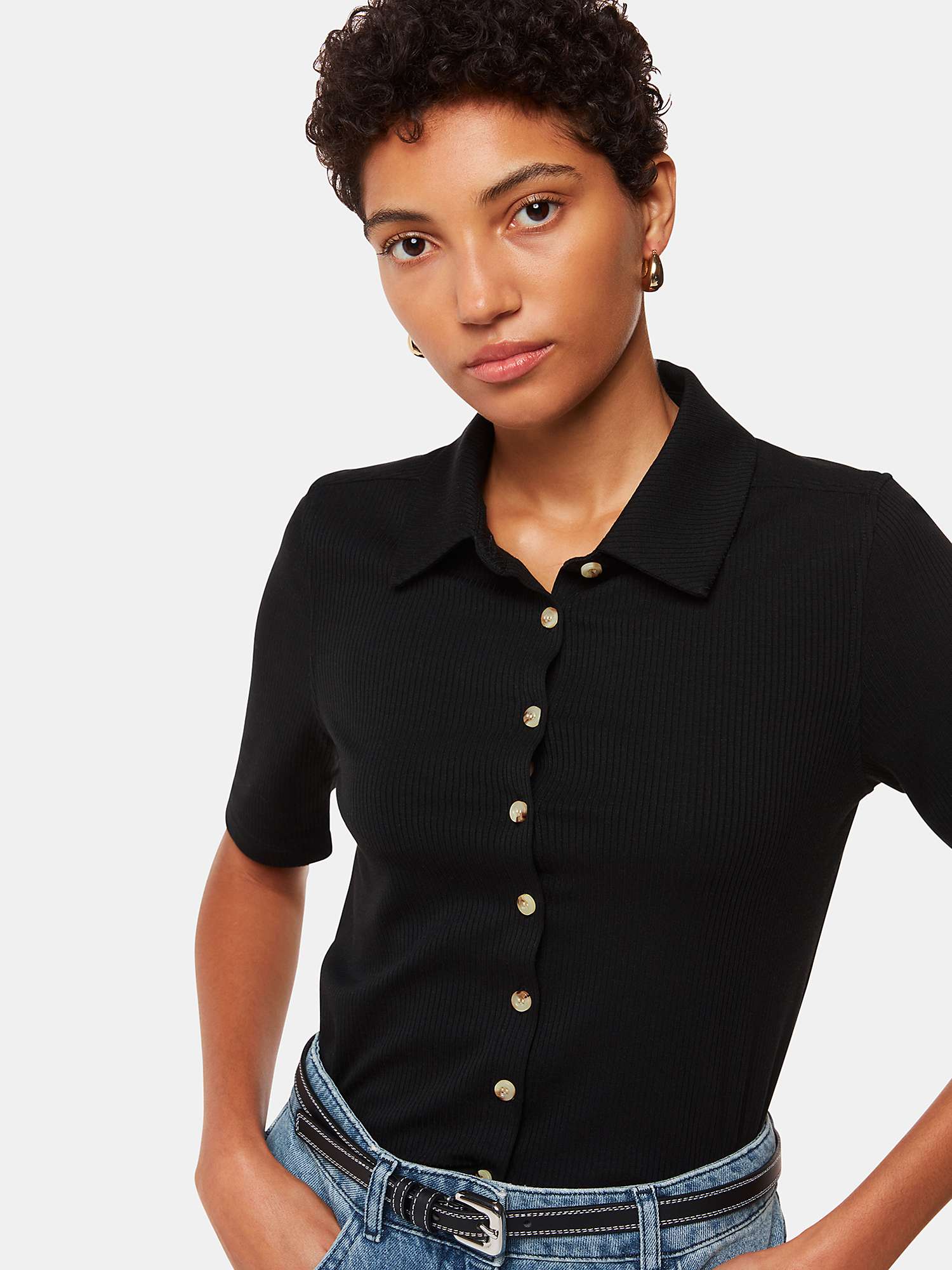 Buy Whistles Grace Ribbed Polo Top, Black Online at johnlewis.com