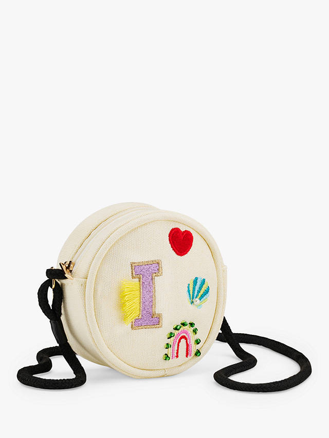 Stych Kids' Canvas Initial Fringe Embroidered Crossbody Bag, Off White, I