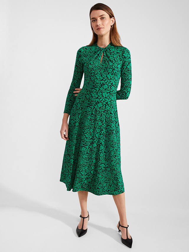 Hobbs Yasmin Midi Floral Jersey Dress, Green/Navy