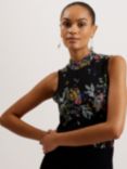 Ted Baker Delhia High Neck Sleeveless Mesh Top, Black/Multi