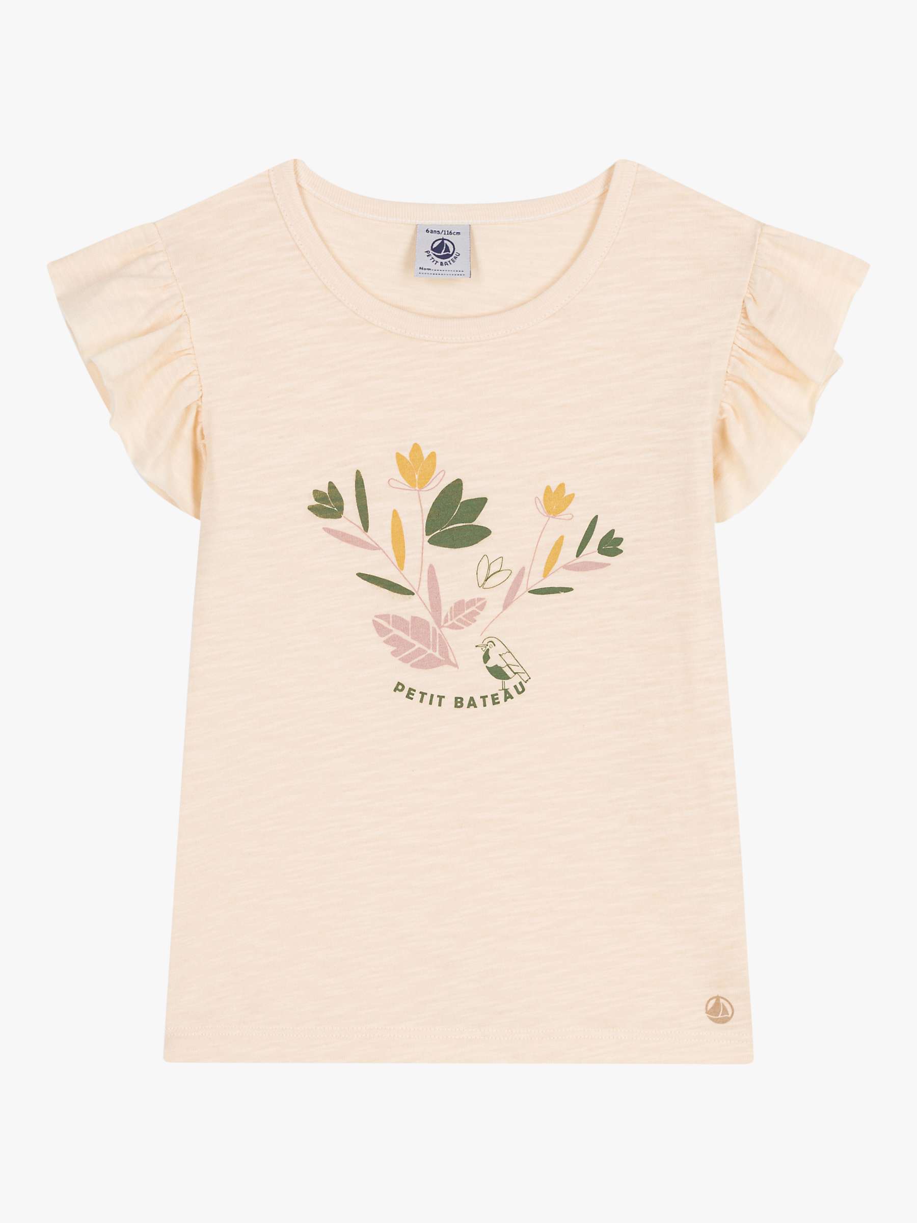Buy Petit Bateau Kids' Floral Print Slub Frill Sleeve T-Shirt, Avalanche Online at johnlewis.com