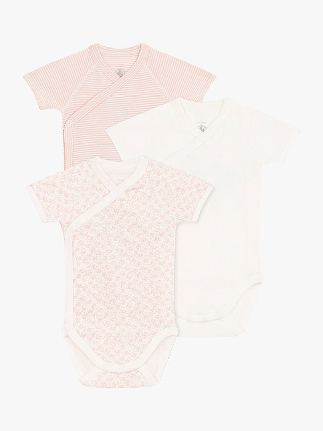 Petit Bateau Baby Floral & Stripe Wrapover Short Sleeve Bodysuits, Pack of 3, Pink/Multi