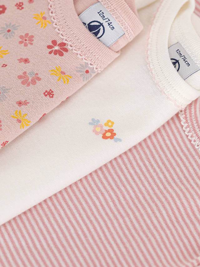 Petit Bateau Baby Floral/Stripe Short Sleeve Bodysuits, Pack of 3, Pink/Multi
