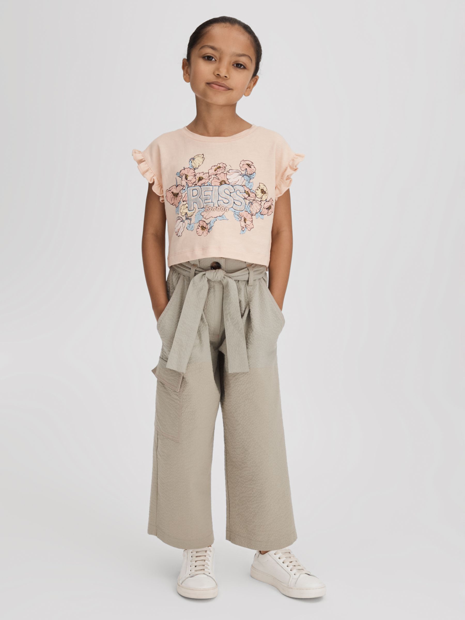Reiss Kids' Saskia Floral Logo Ruffle Cropped T-Shirt, Pink, 11-12Y