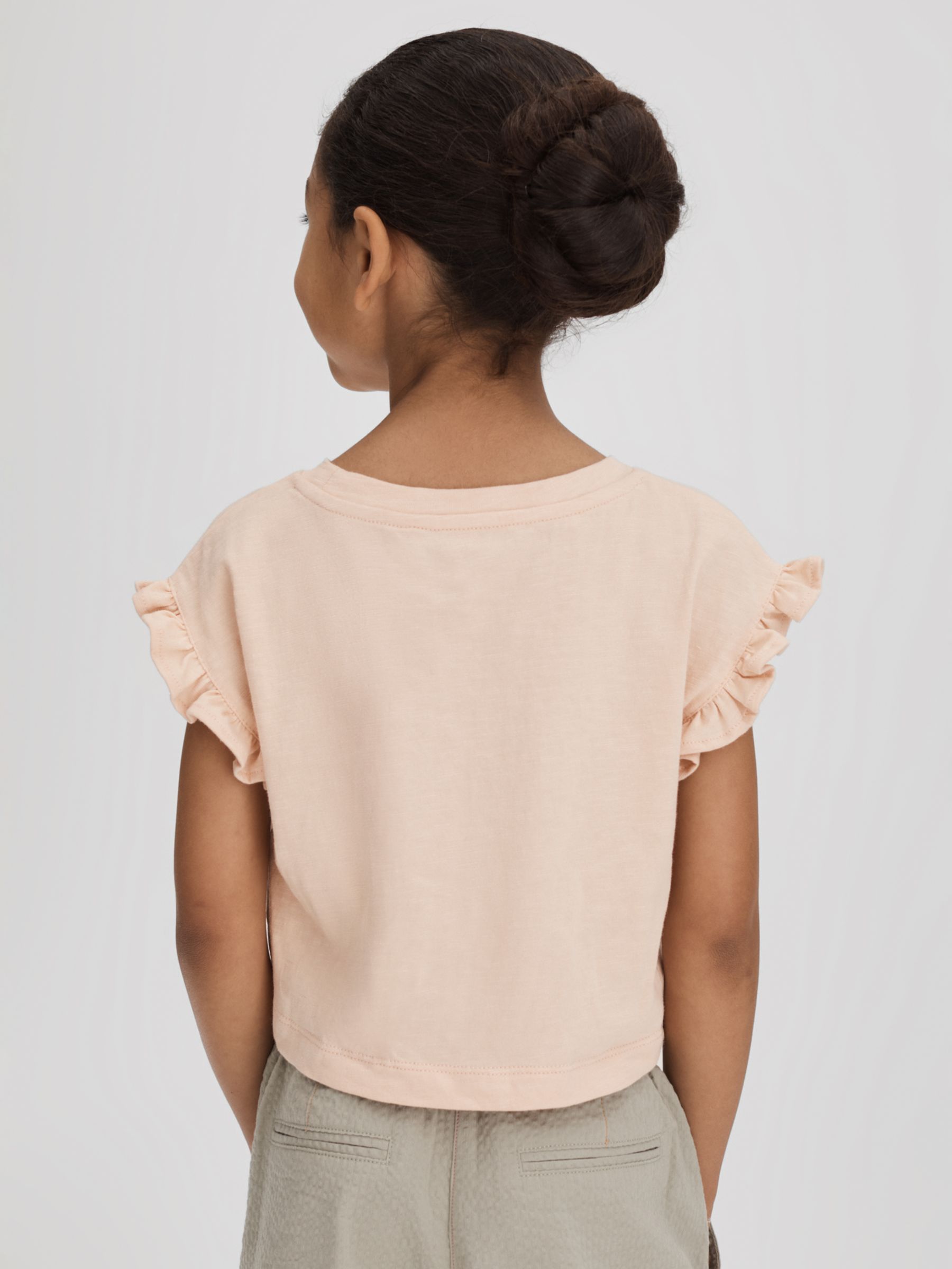 Reiss Kids' Saskia Floral Logo Ruffle Cropped T-Shirt, Pink, 11-12Y