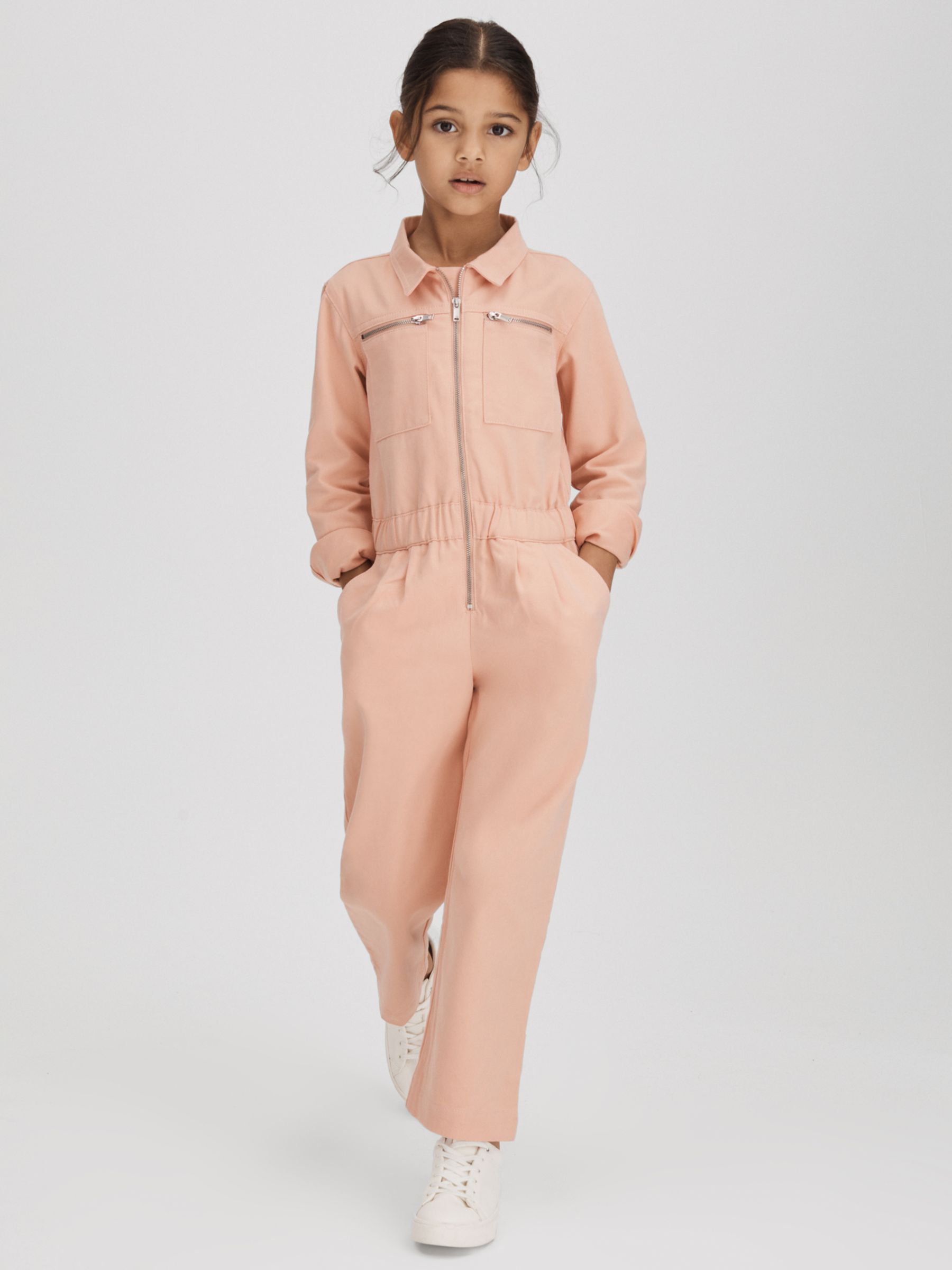 Reiss Kids' Penelope Zip Detail Denim Jumpsuit, Pink, 6-7Y