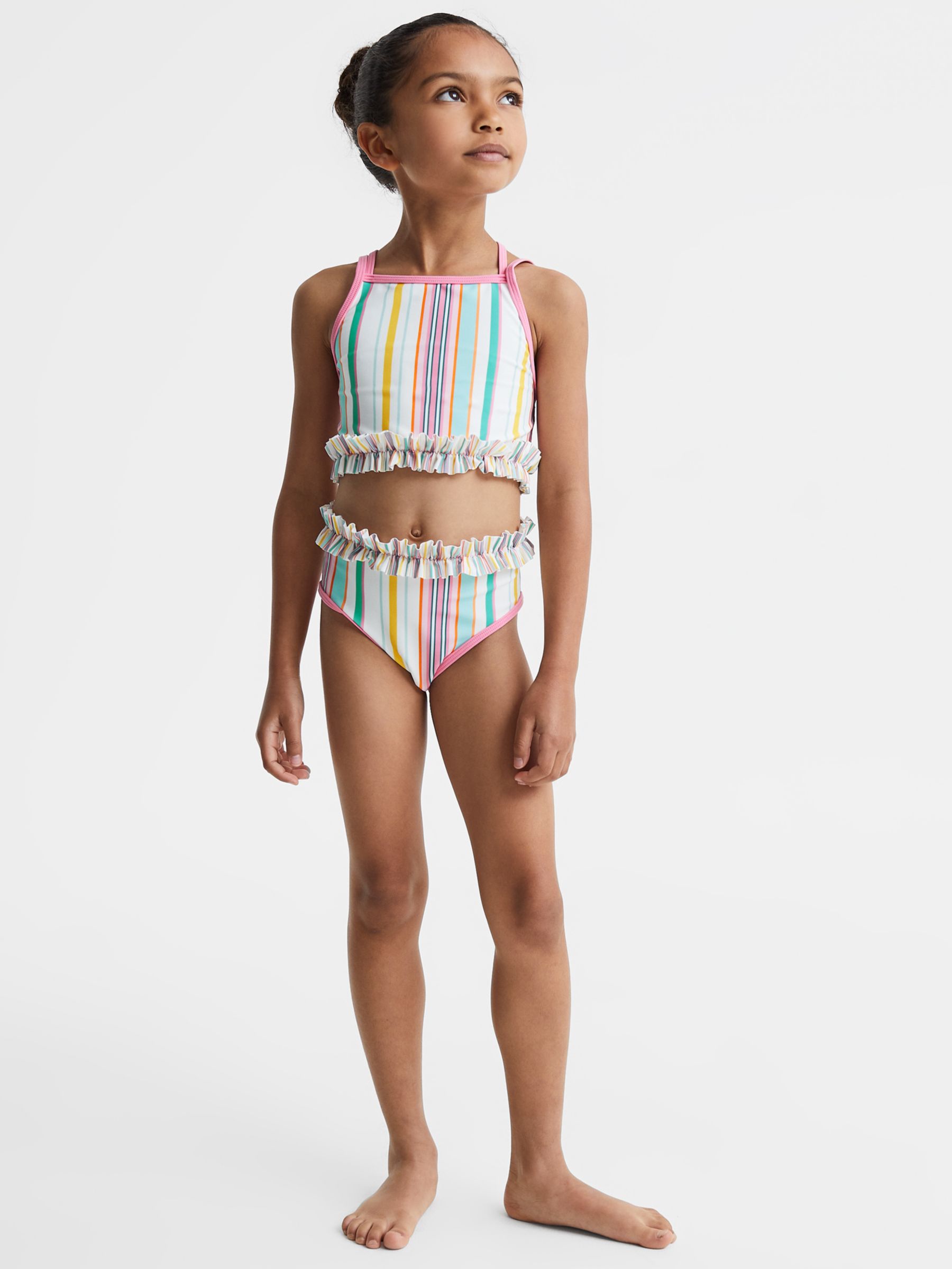 Reiss Kids' Amelia Stripe Ruffle Sun Safe Swim Set, Multi, 10-11Y