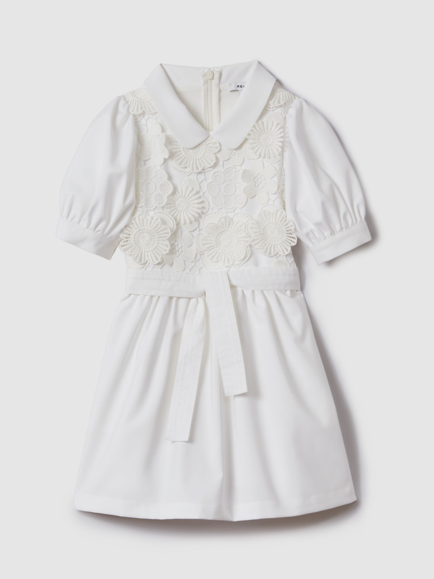 Reiss Kids' Dannie Floral Embroidered Collard Dress, Ivory, 7-8Y