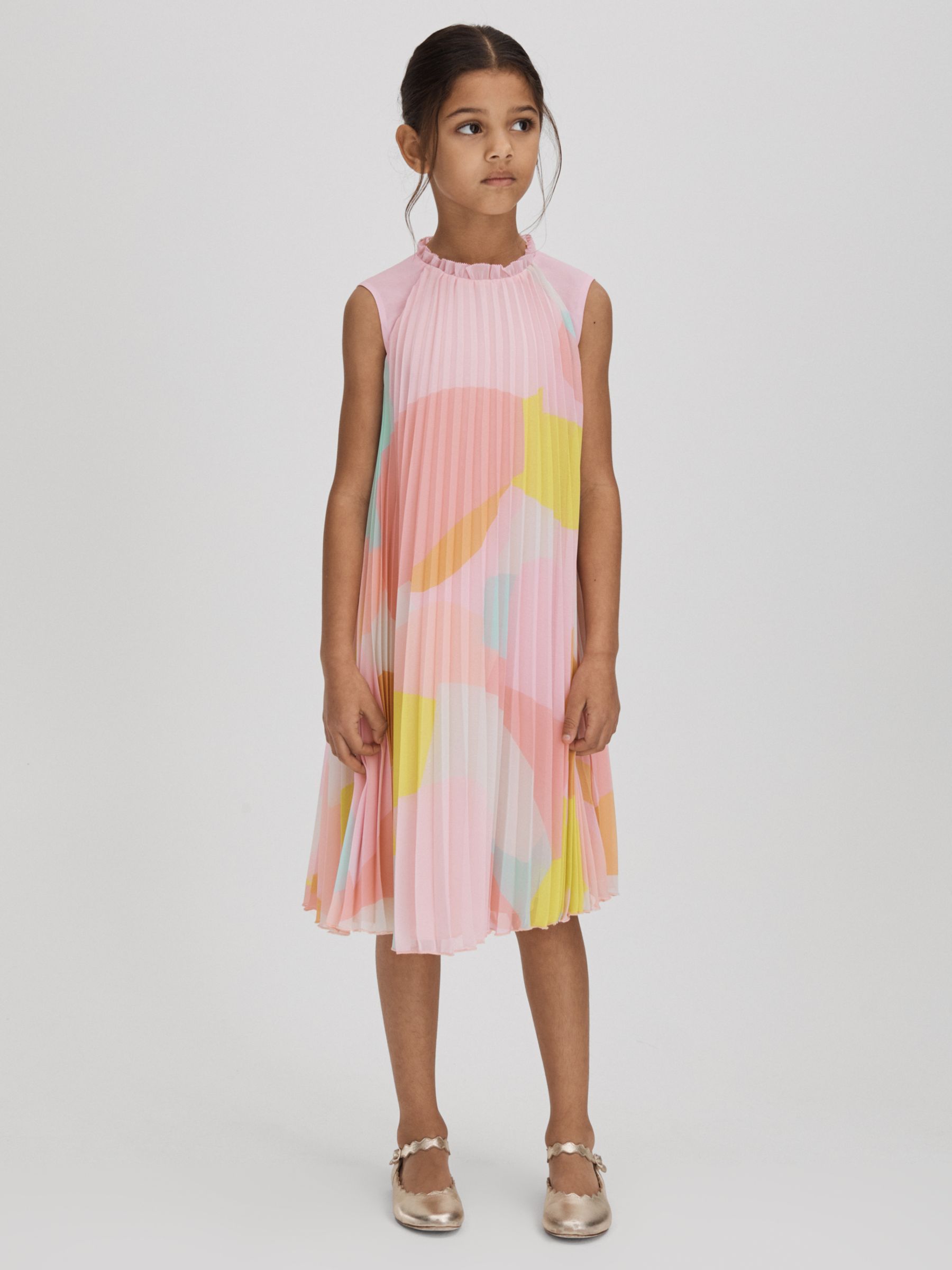 Reiss Kids' Pixie Abstract Print Ruffle Pleated Dress, Pink/Multi, 9-10Y