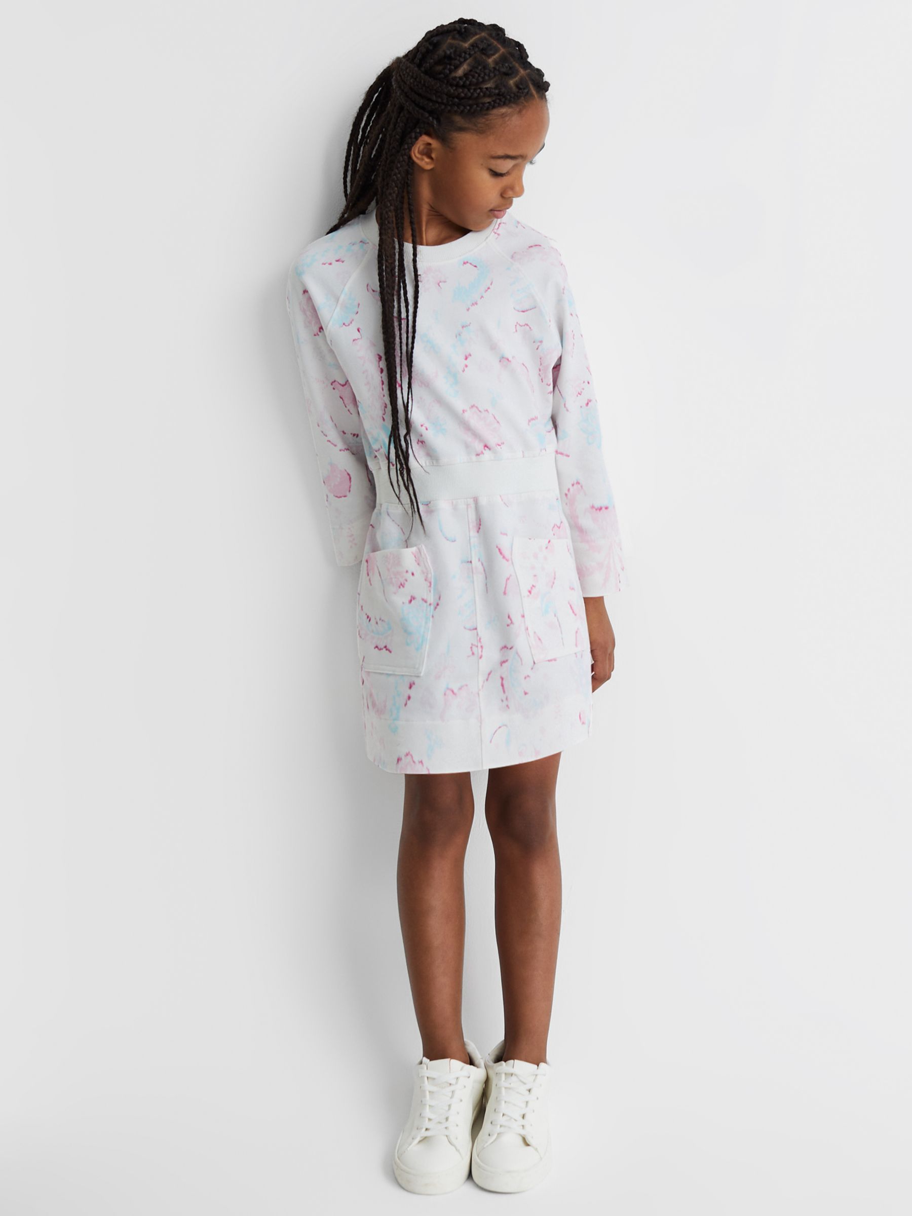 Reiss Kids' Janey Crew Neck Jersey Dress, Ivory/Multi, 9-10Y