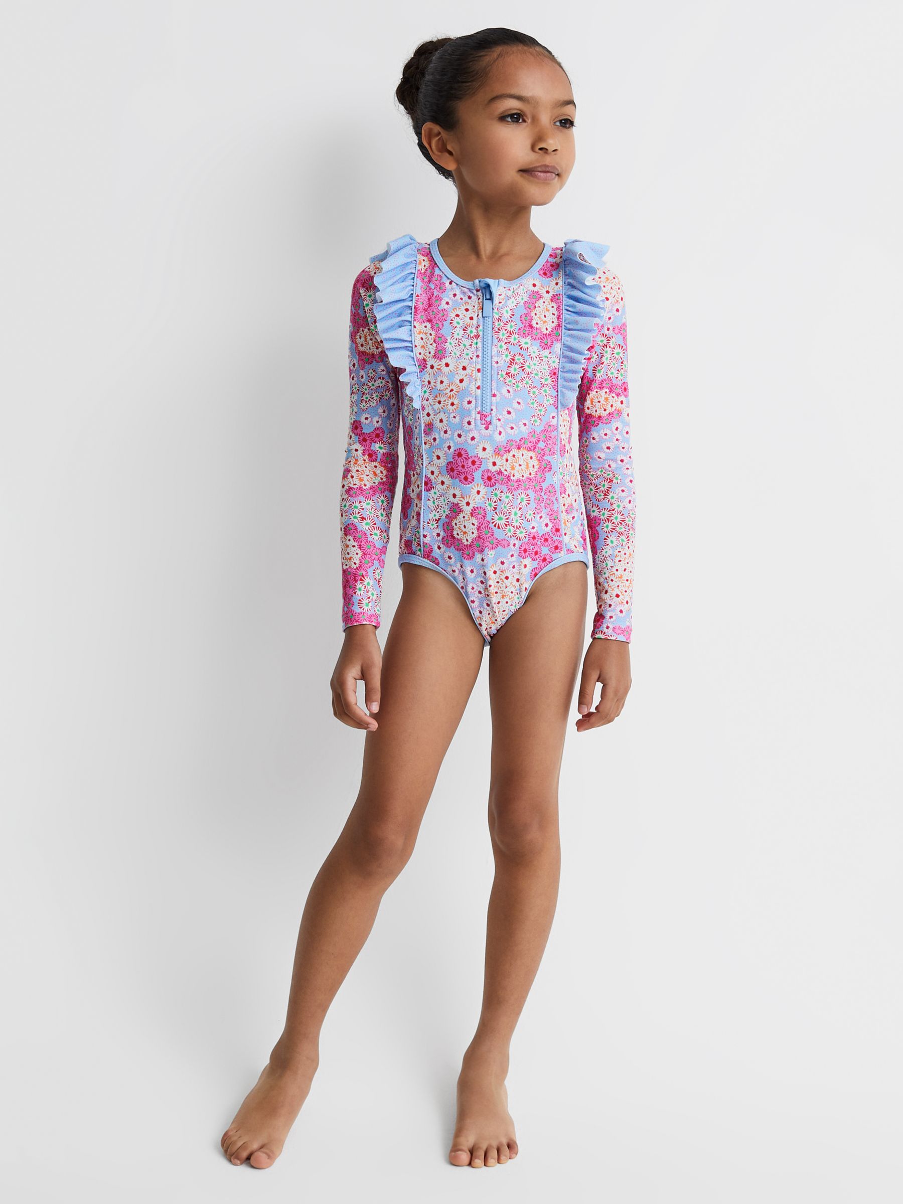 Buy Reiss Kids' Poppy Floral Print Ruffle Sunsafe Swimsuit, Pink/Multi Online at johnlewis.com