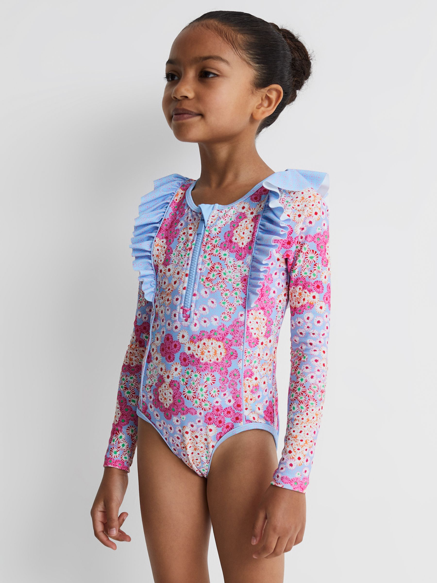 Buy Reiss Kids' Poppy Floral Print Ruffle Sunsafe Swimsuit, Pink/Multi Online at johnlewis.com