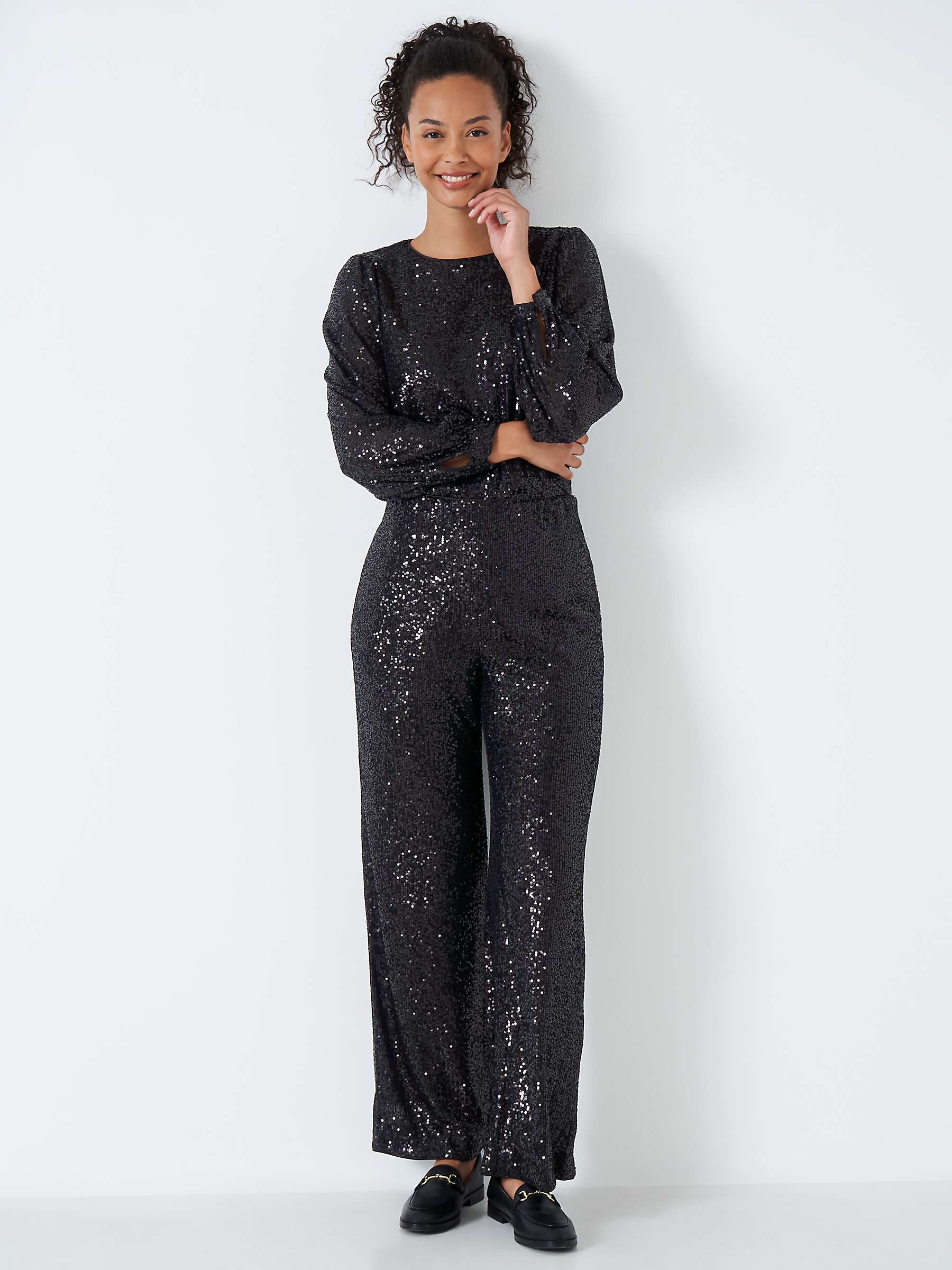 Buy Crew Clothing Eve Sequin Wide Leg Trousers, Black Online at johnlewis.com