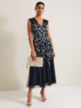 Phase Eight Floral Beaded Midi Dress, Navy