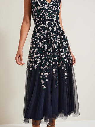Phase Eight Floral Beaded Midi Dress, Navy