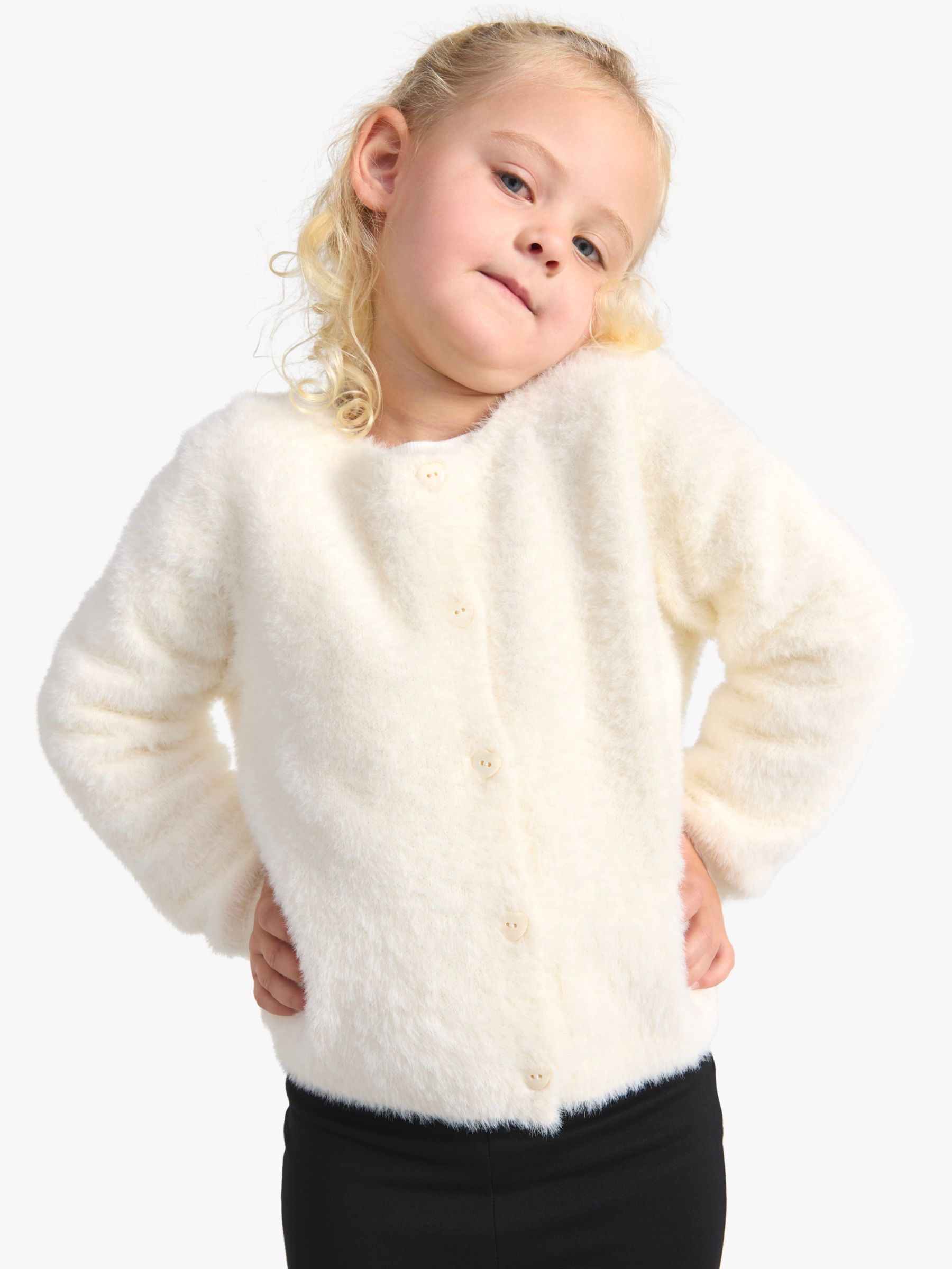 Lindex Kids' Feather Yarn Heart Button Cardigan, Light Dusty White