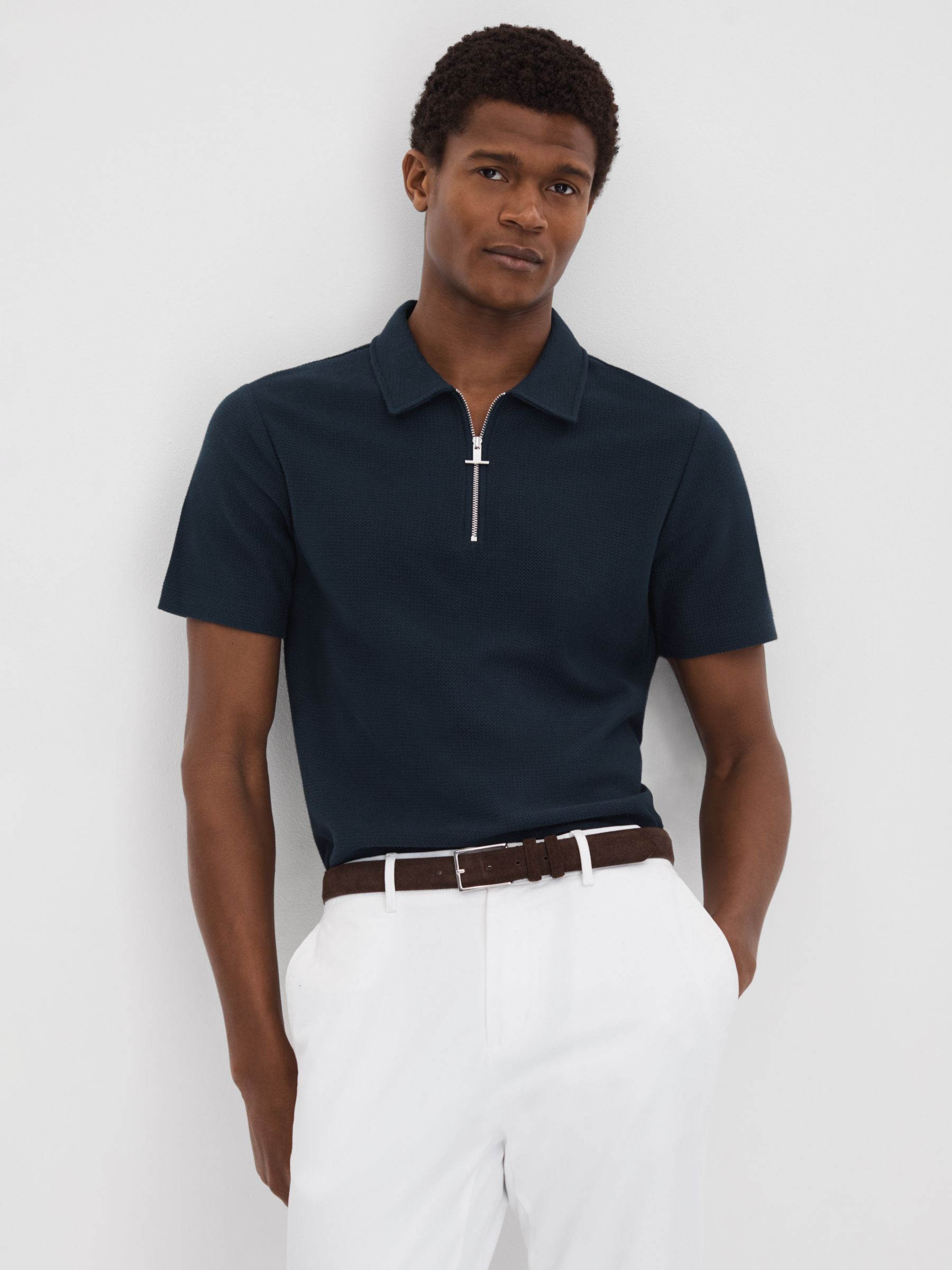 Reiss Felix Textured Half Zip Polo Shirt, Navy, XS