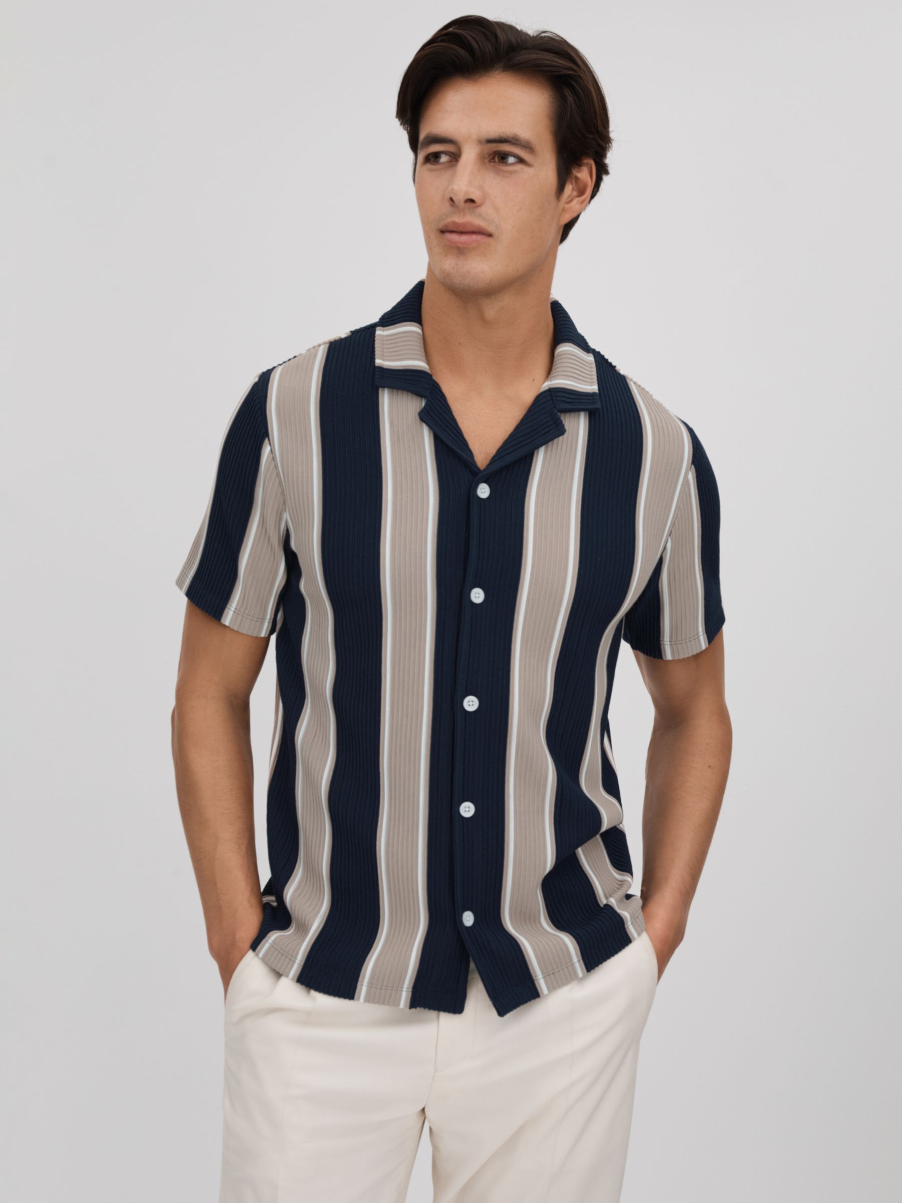 Reiss Alton Short Sleeve Textured Stripe Shirt, Navy/Camel, XL